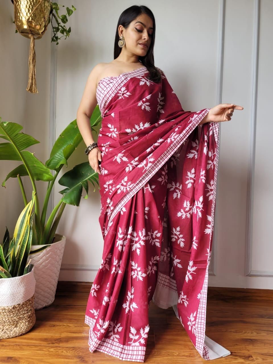 Maroon Trending Hand Block Print MulMul Cotton Saree