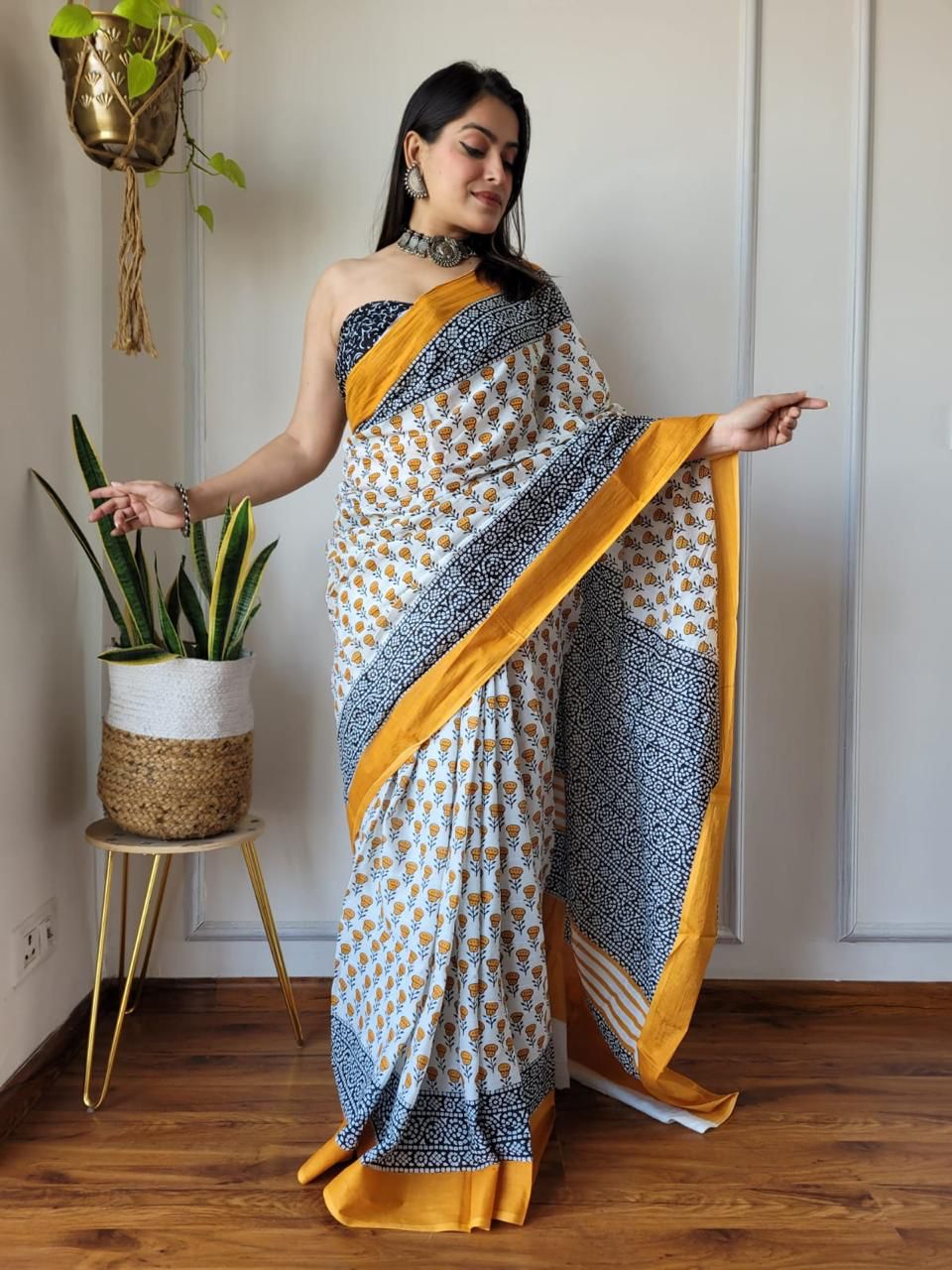 Off white Trending Indigo Hand Block Print MulMul Cotton Saree