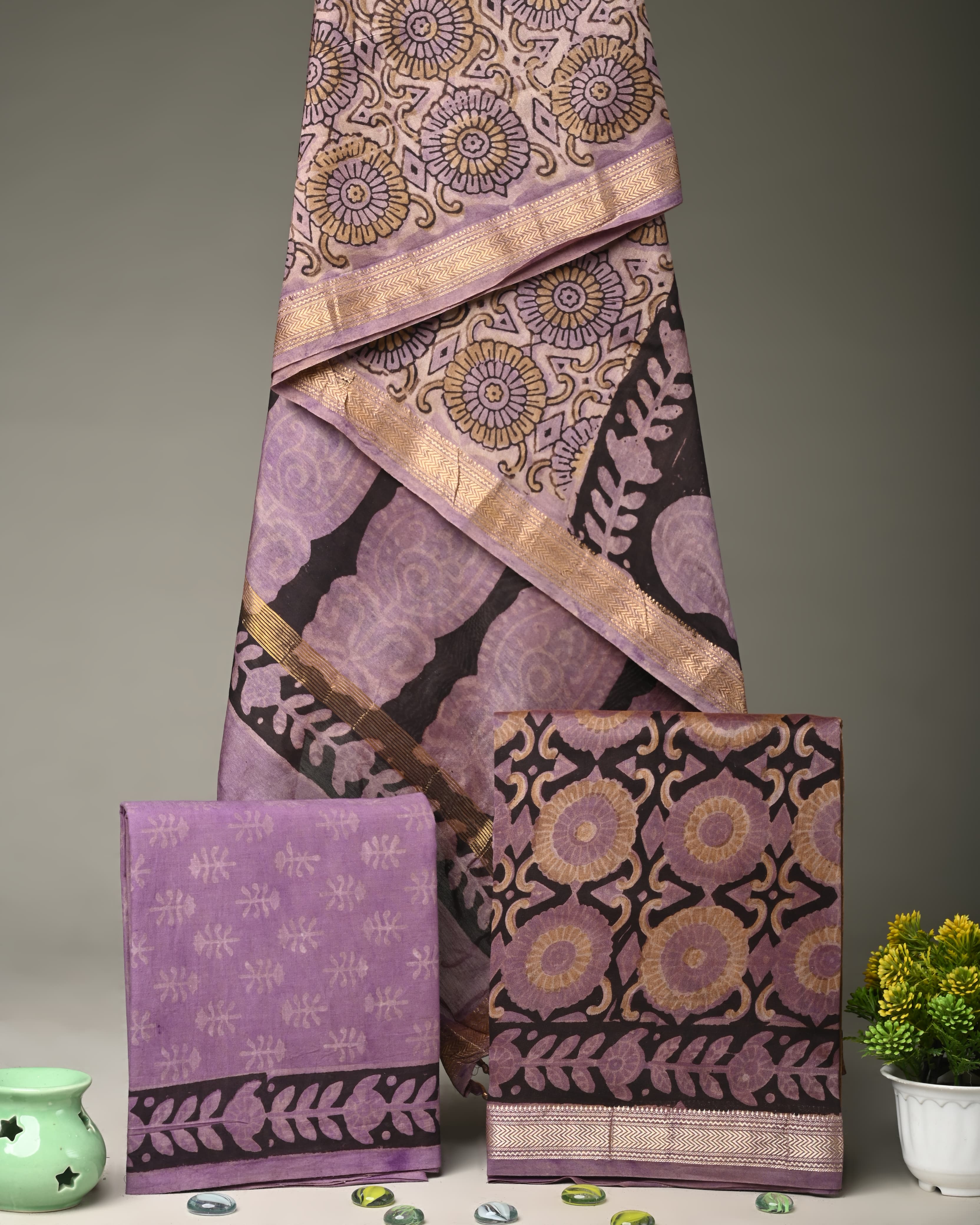 Floral Purple Maheshwari Silk Handblock Print Suit Material