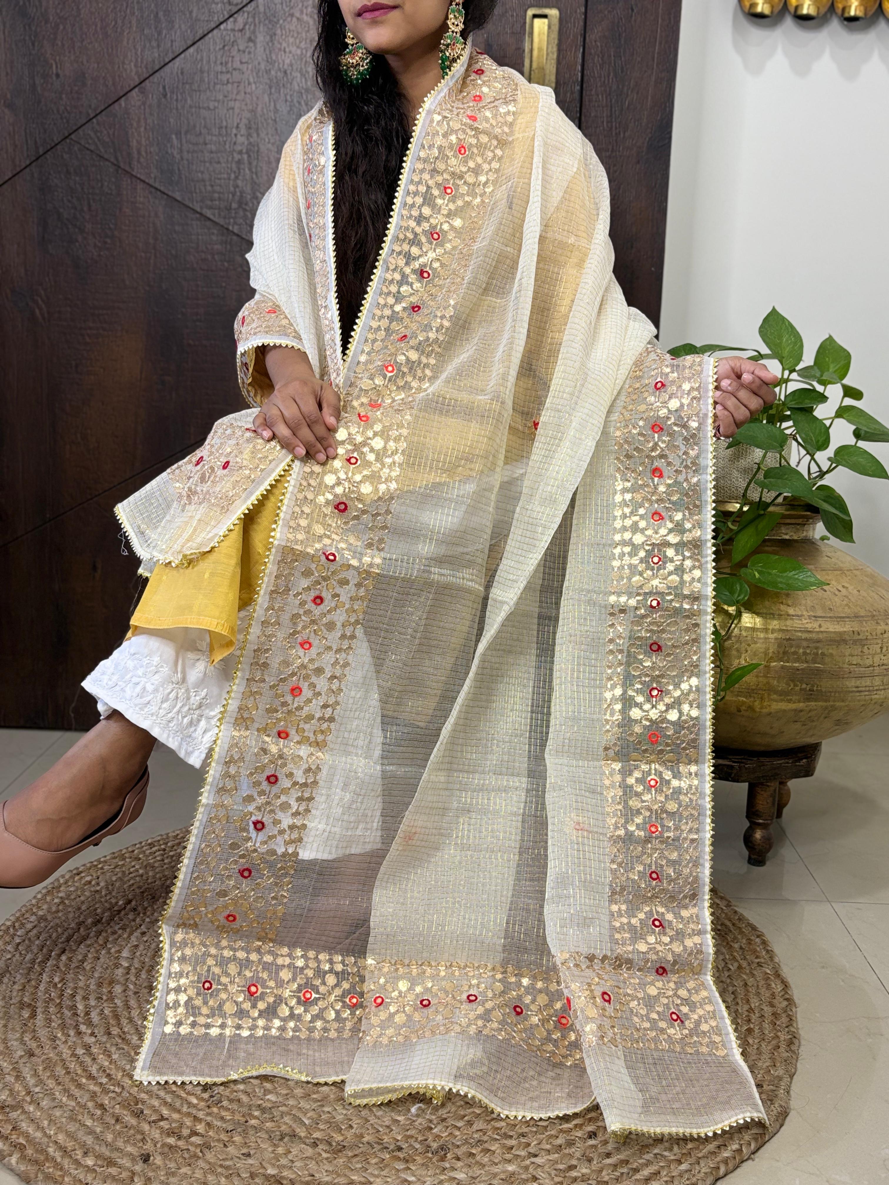 Off White Kota Doria Heavy Gota Patti Work Dupatta