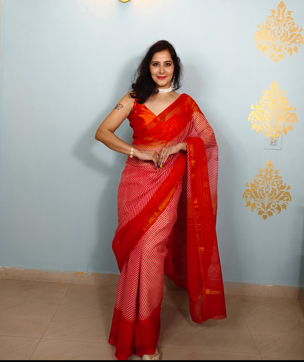 Red Kota Doria Leheriya Bandhej Saree