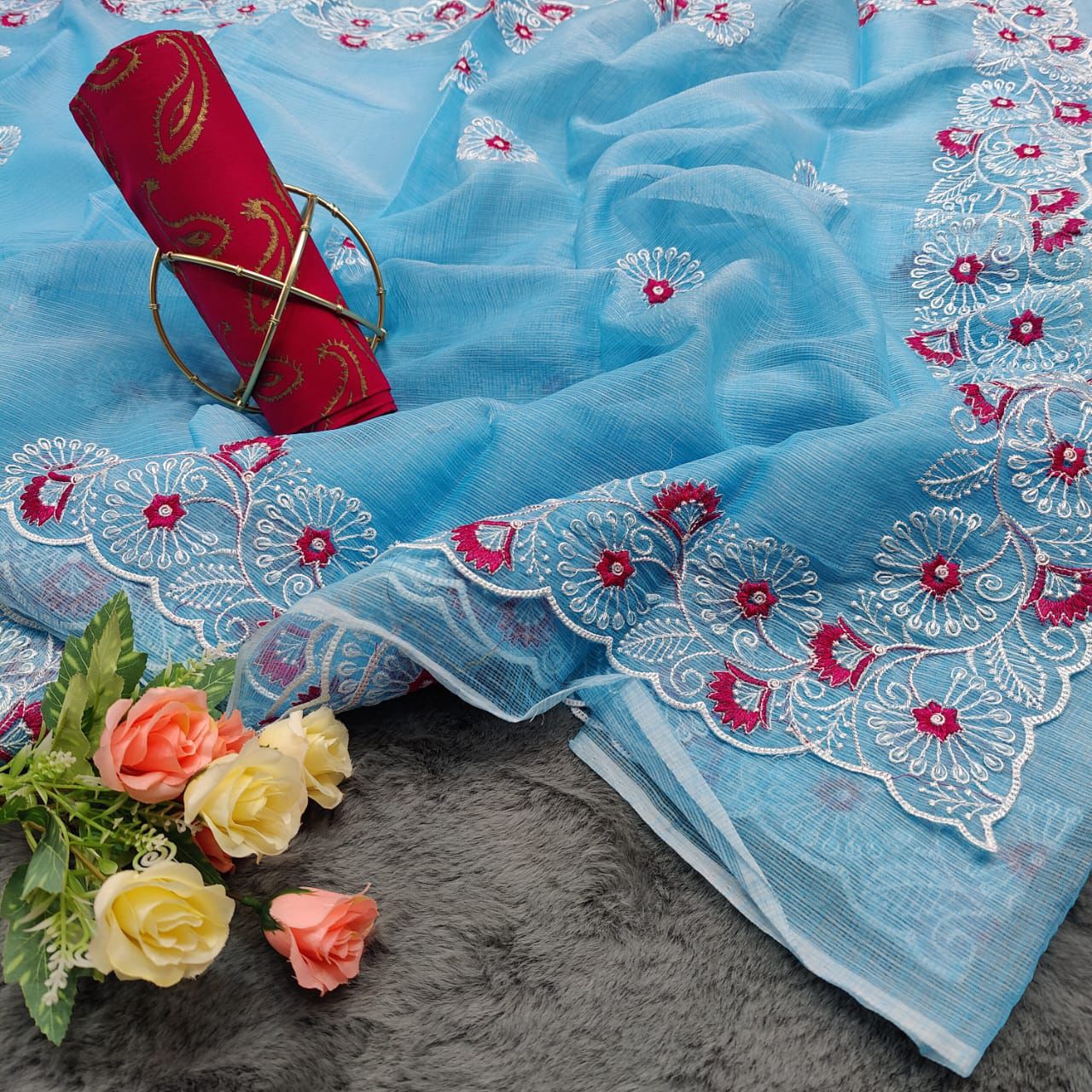 Kanak-Sky Blue Kota Doria Embroidery Work Sari