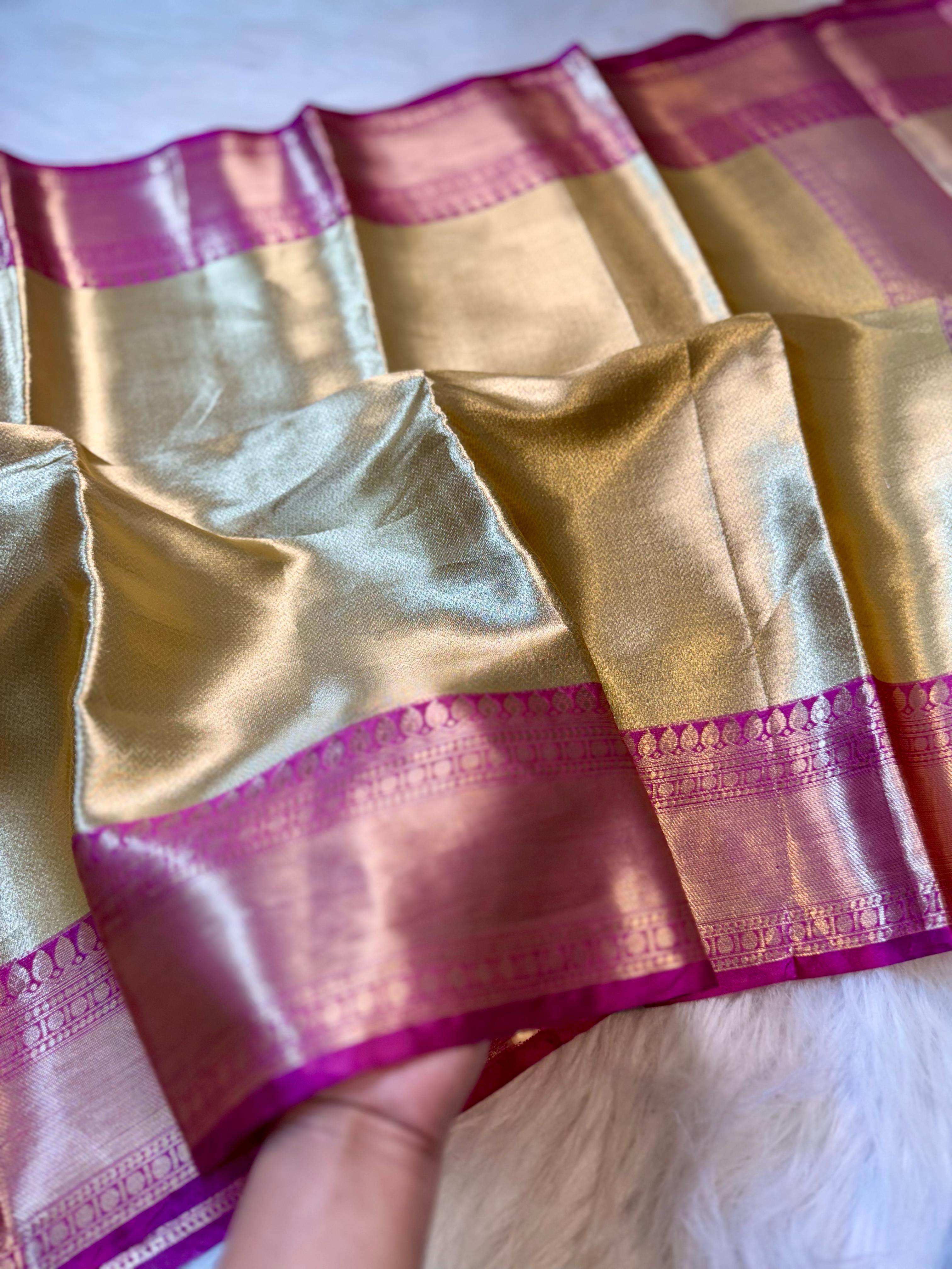 Beautiful Golden Celebrity Inspired Banarasi Tissue Zari Silk Saree