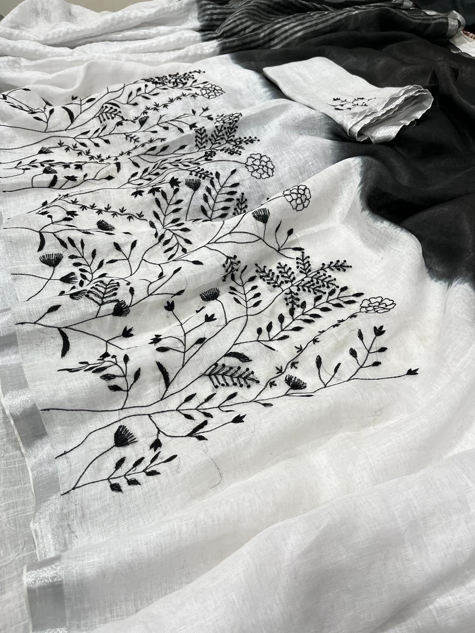 Linen Embroidery Saree In Black & White