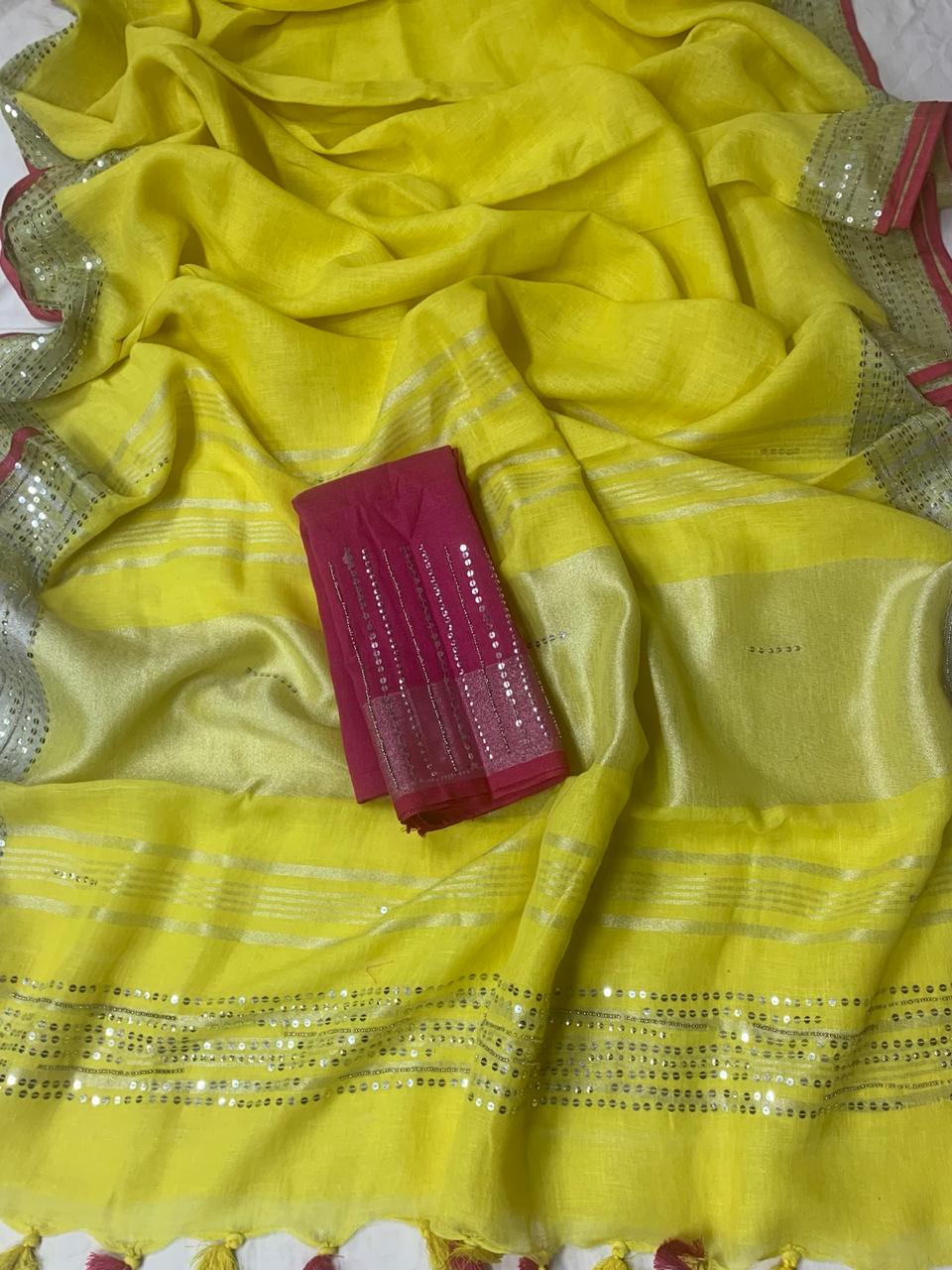 Yellow Pure Linen Embroidery Saree