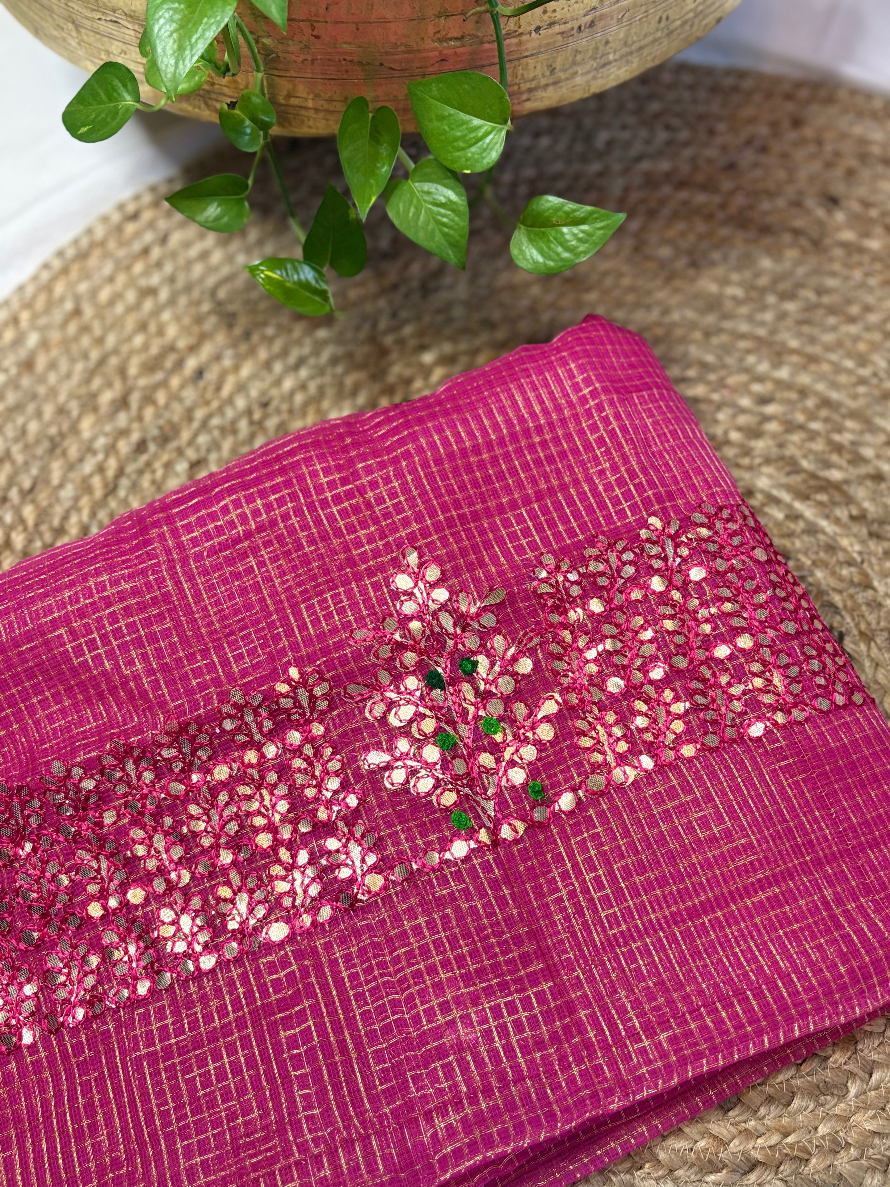 Hot Pink Kota Doria Gota Patti Saree