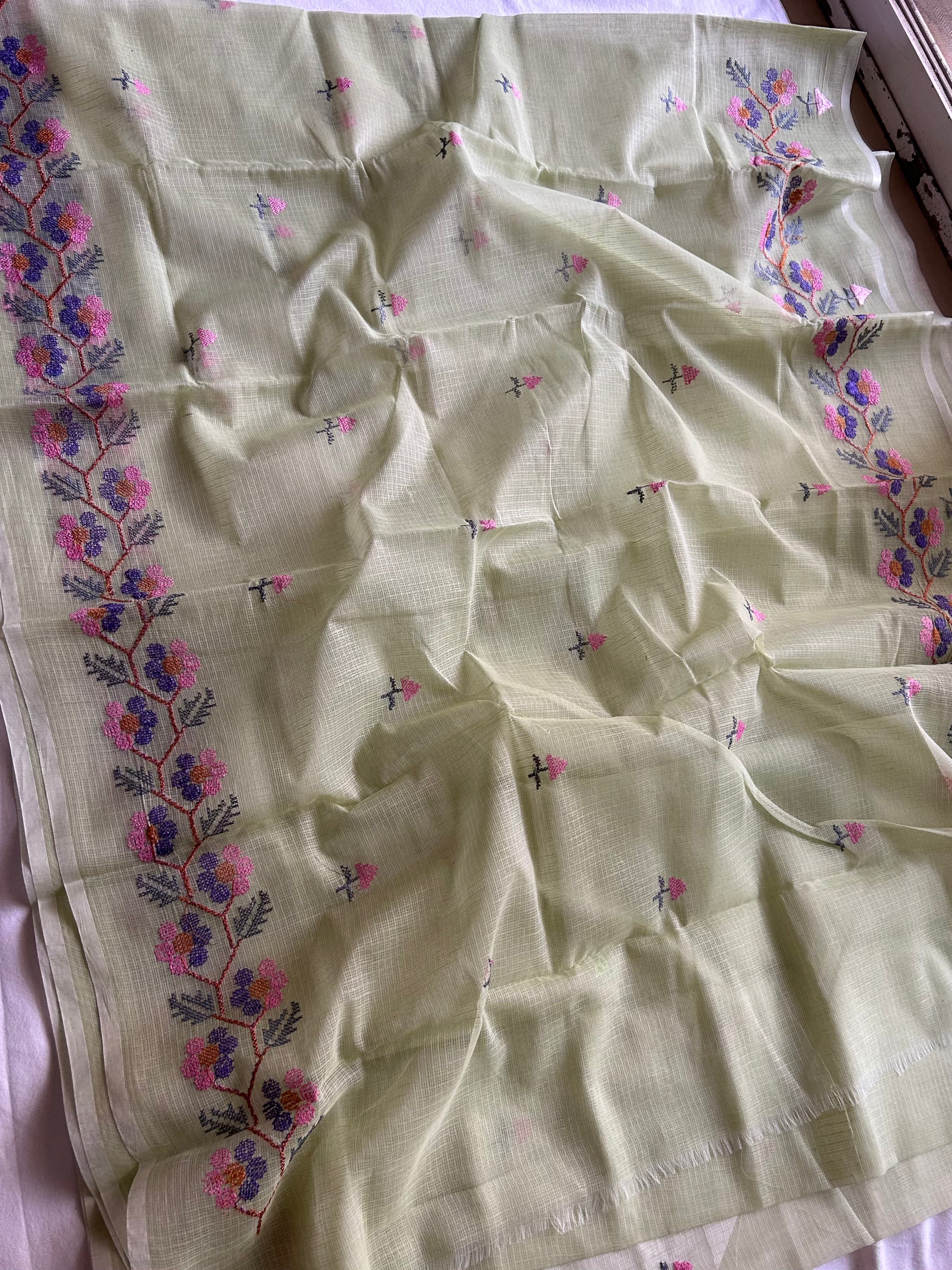 Cross Stitch Kota Doria Embroidery Work Saree In Pista Green