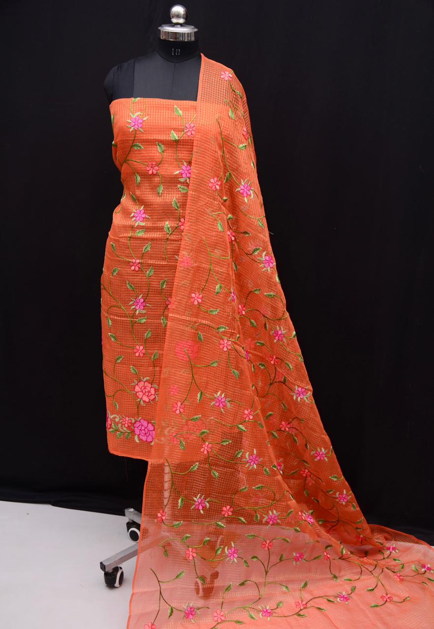 Kota Doria Embroidered Suit Set In orange (unstitched)