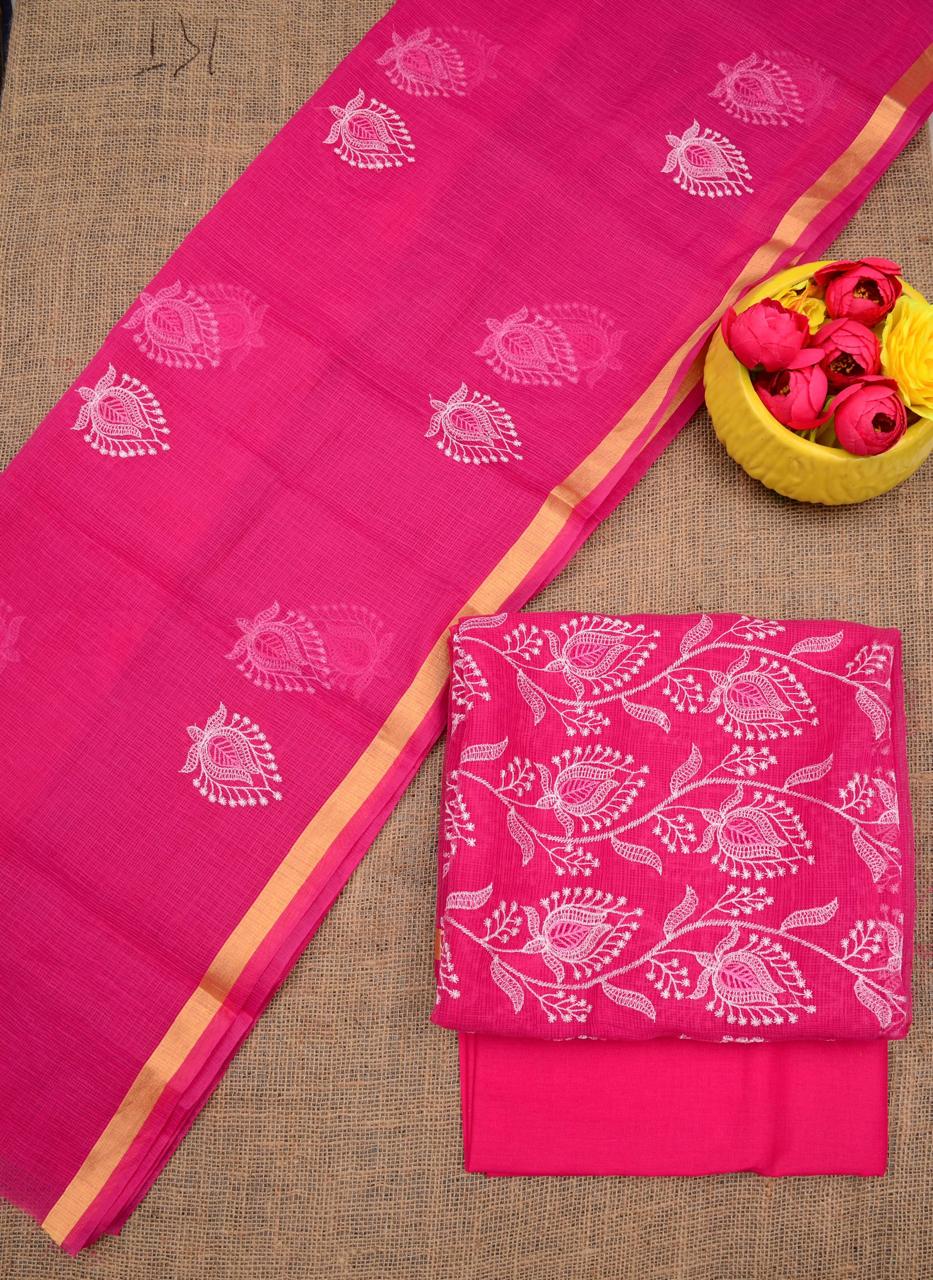 Kota Doriya Embroidery Work Suit In  Rani pink