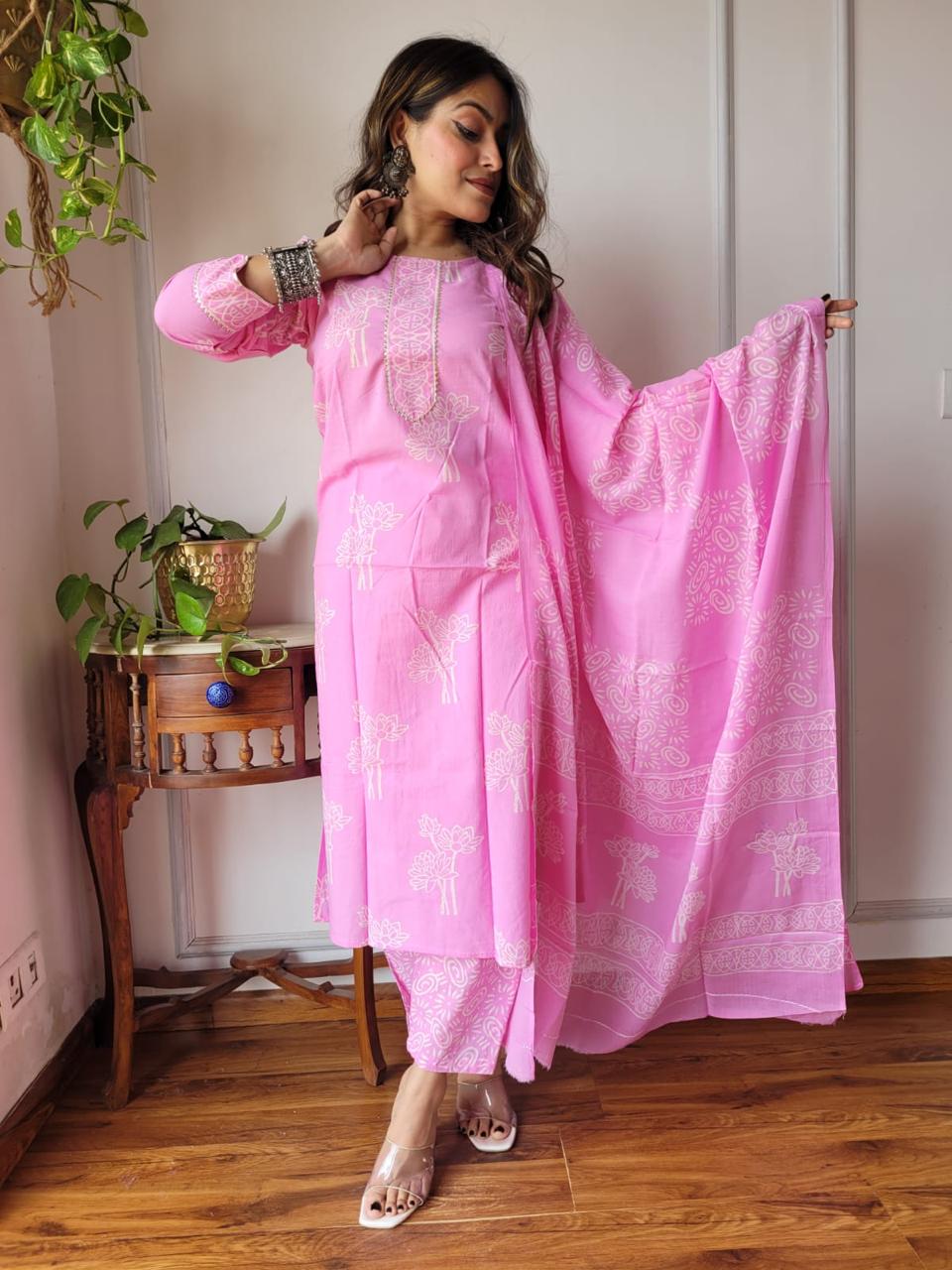 Pink Block Print Suit Set With Dupatta