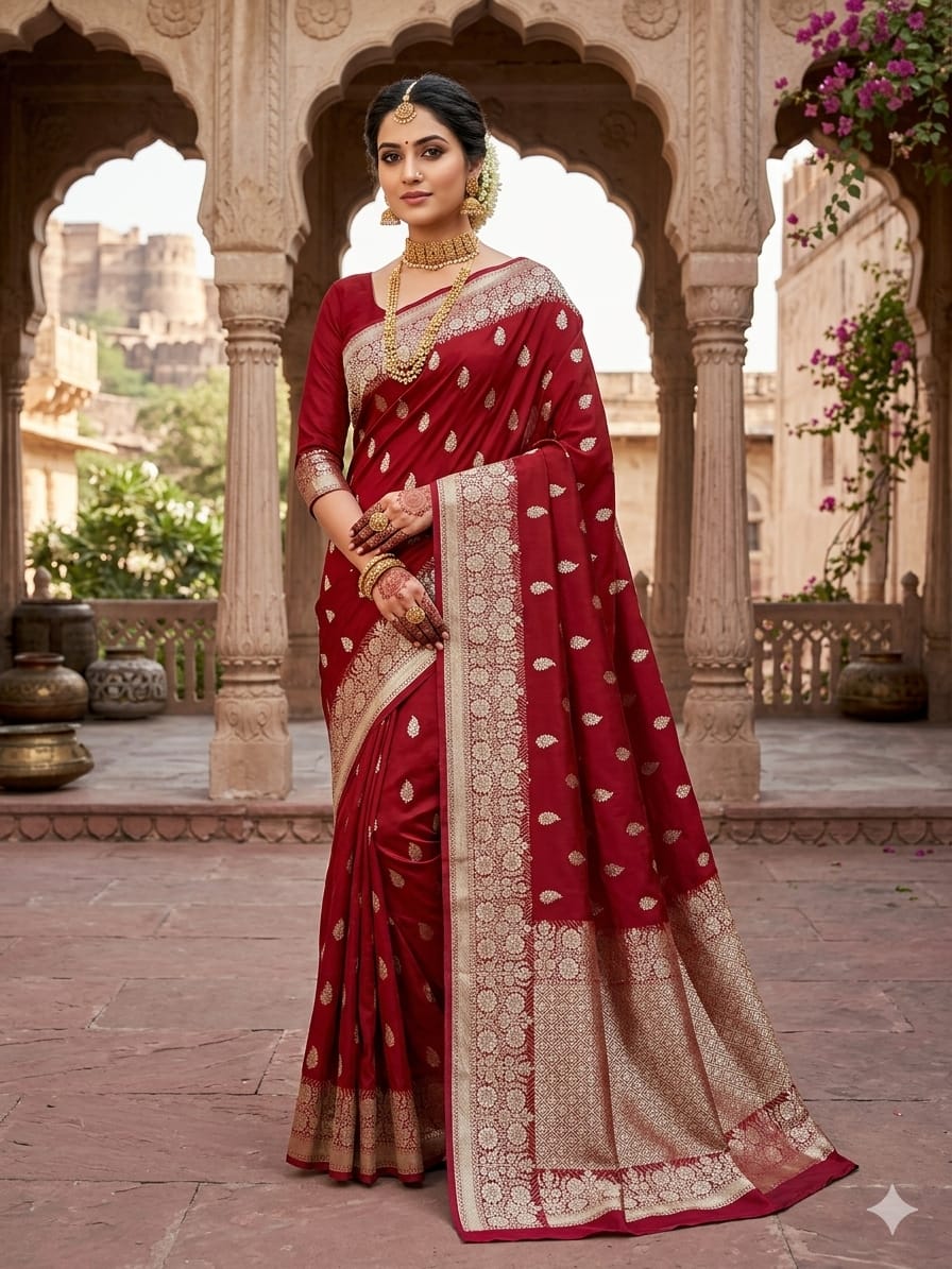 Banarasi Handloom Semi Kathan  Saree In Maroon