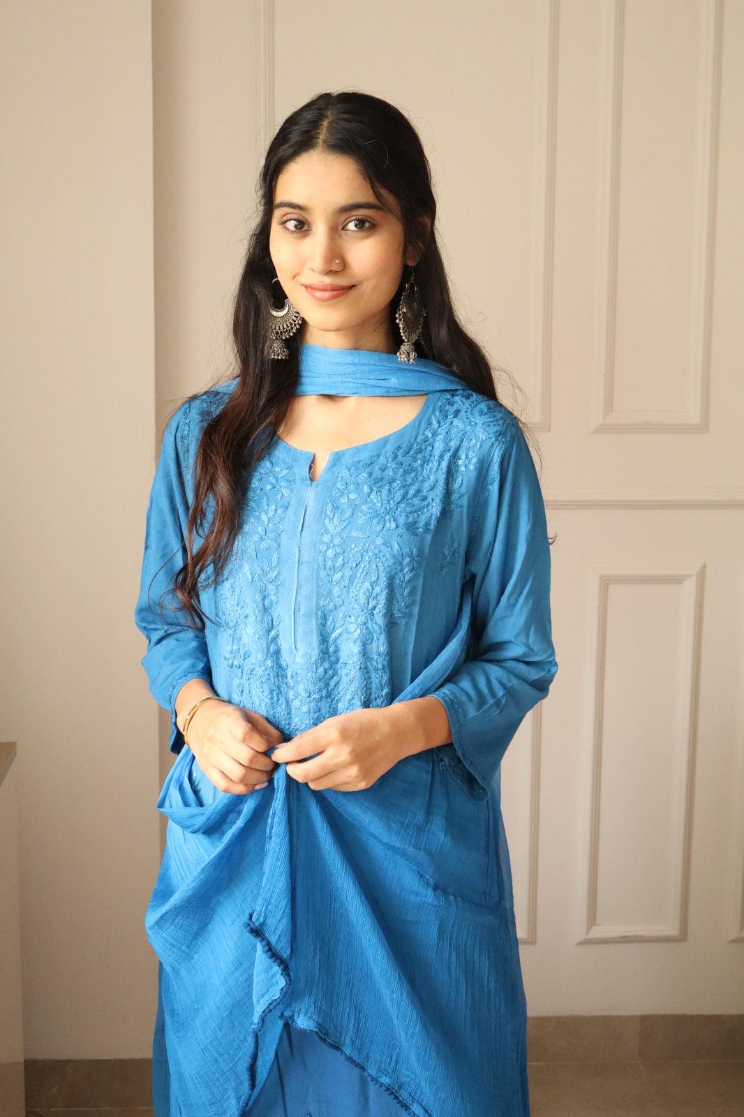 Blue Chikankari Rayon Kurti Palazzo Set With Dupatta