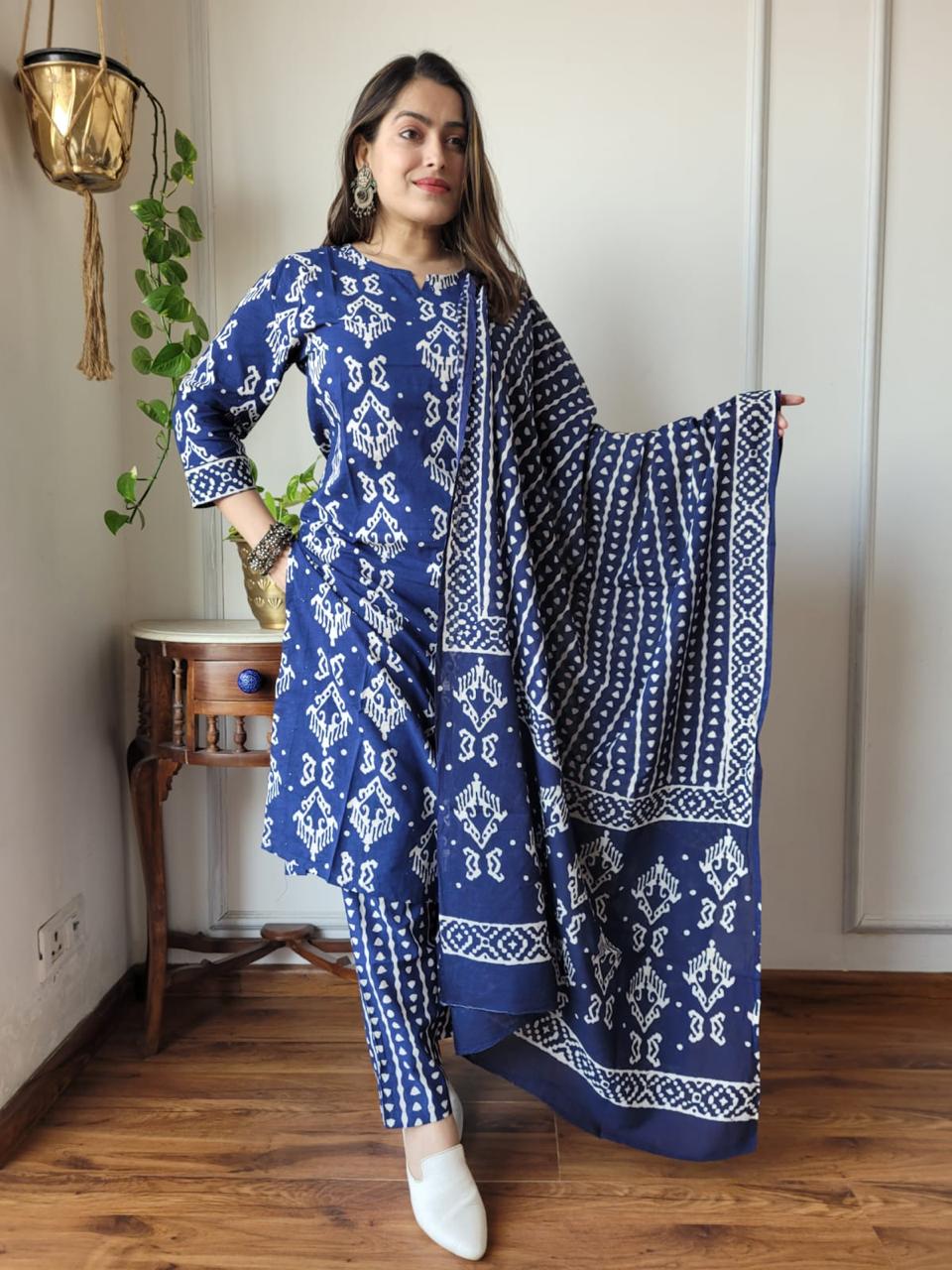 Blue Block Print Suit Set With Dupatta