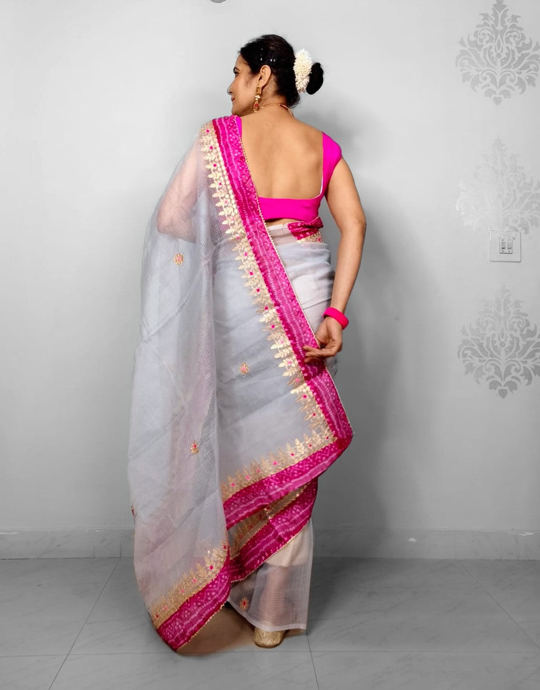 Grey Kota Doria Gota Patti Saree