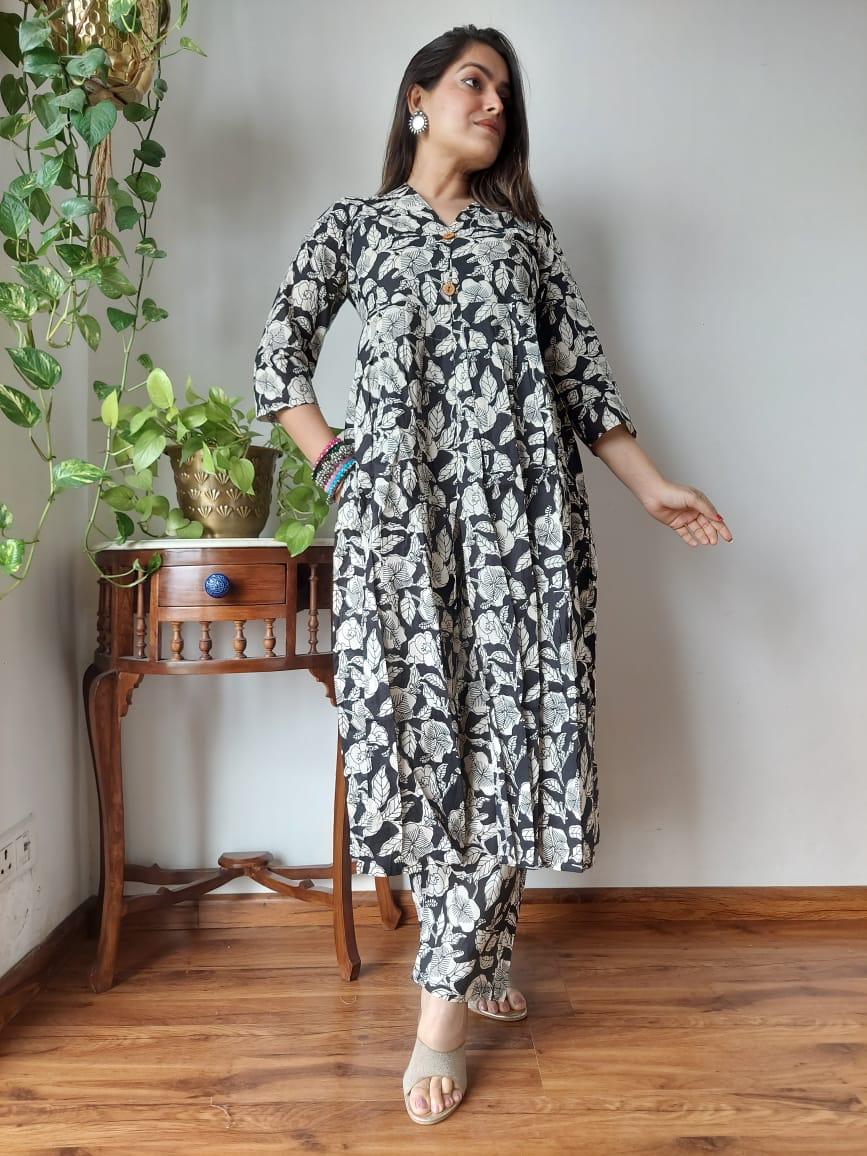 Dark Grey Floral Bagru print Naira Cut Suit Set