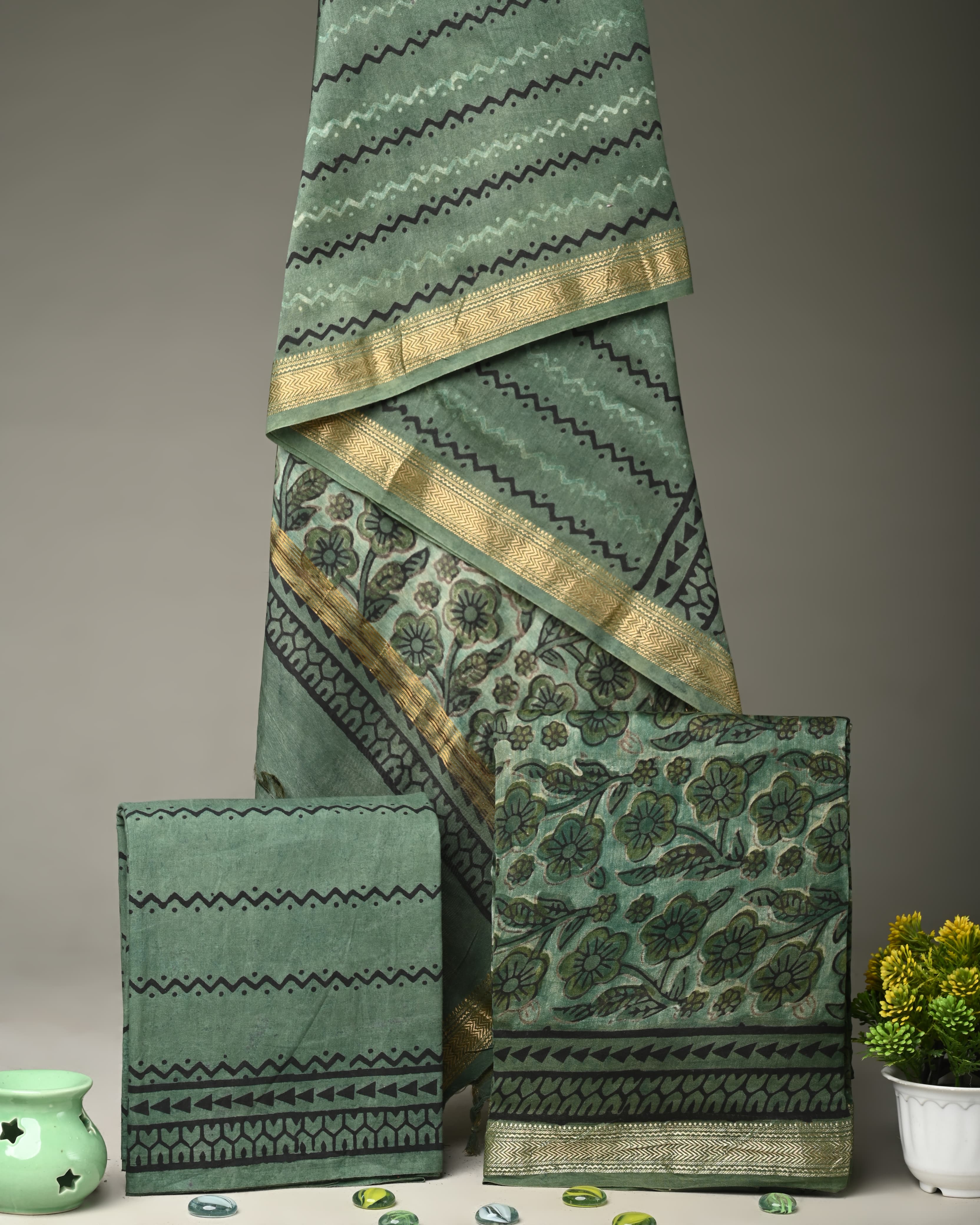 Linear Green Maheshwari Silk Ajrakh Print Suit Material