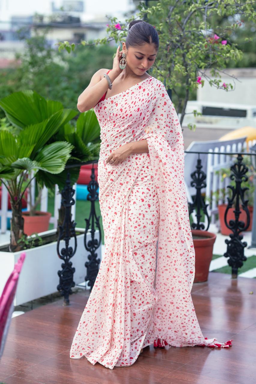 Off White With Pink Premium Mulmul Cotton Hand Crafted Saree