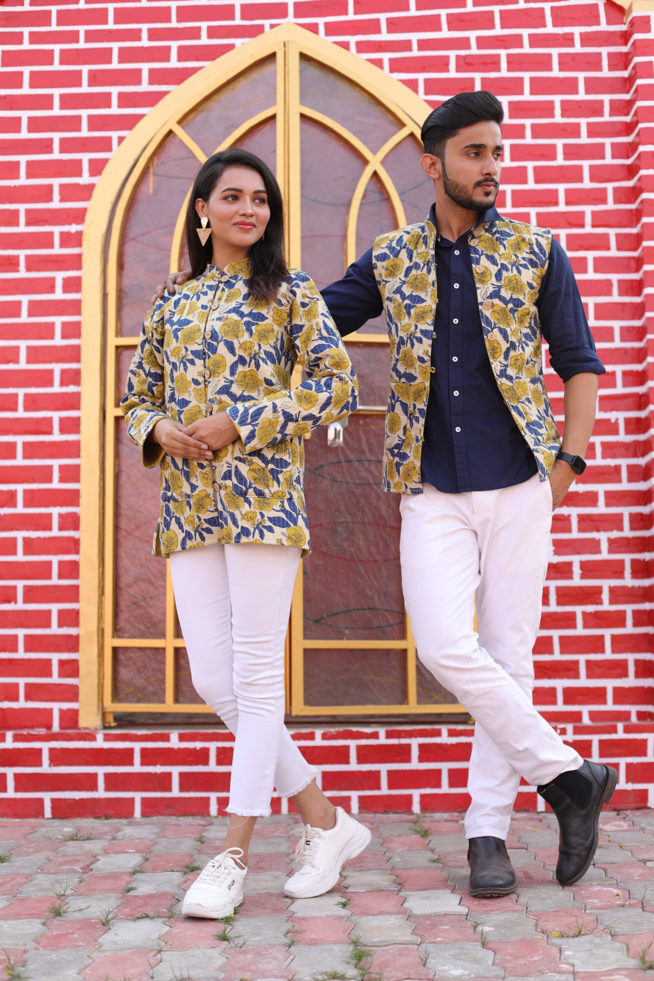 Yellow Color Twinning Couple Pure Cotton Bagru Print Quilted Reversible Jackets