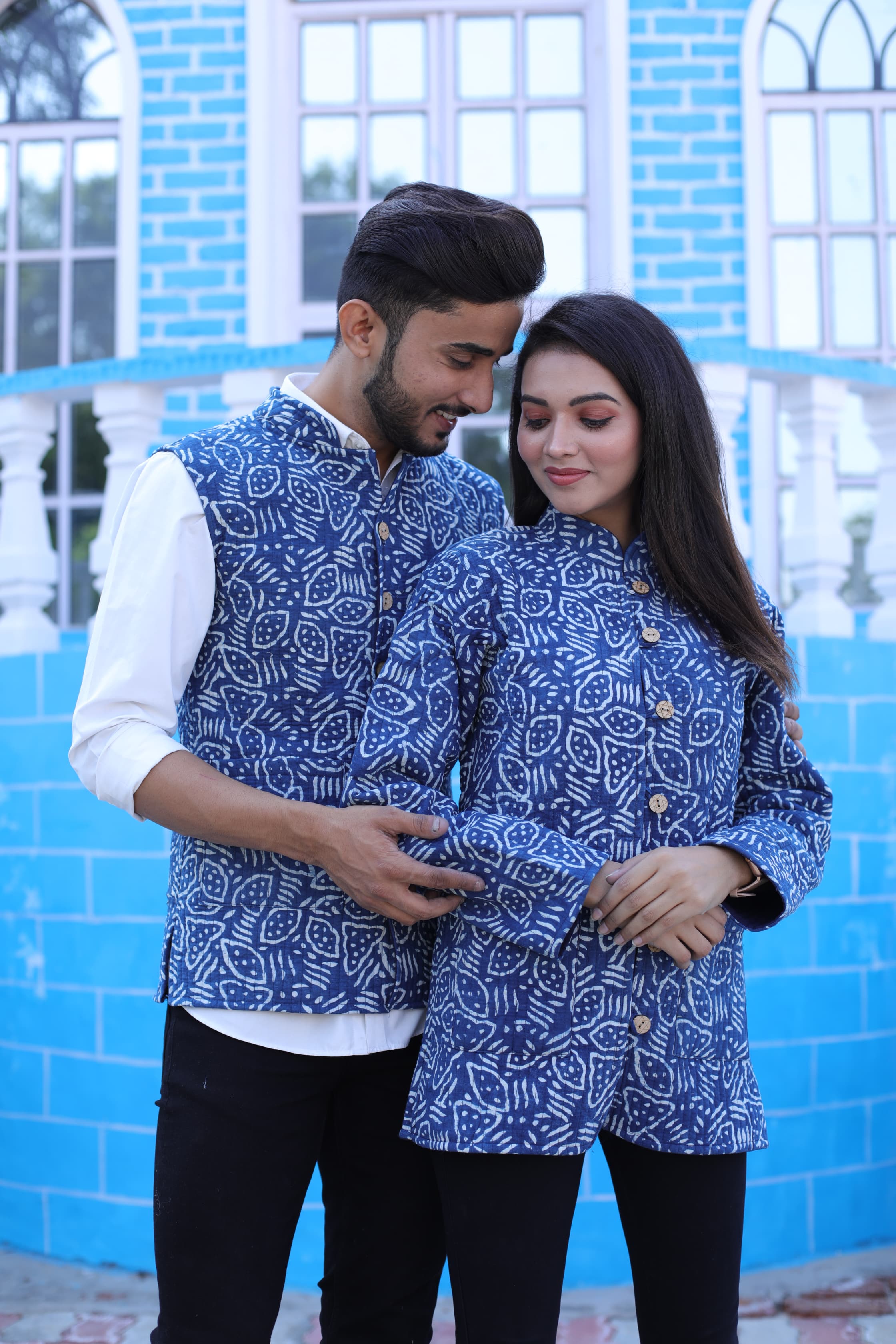 Blue Color Twinning Couple Pure Cotton Bagru Print Quilted Reversible Jackets