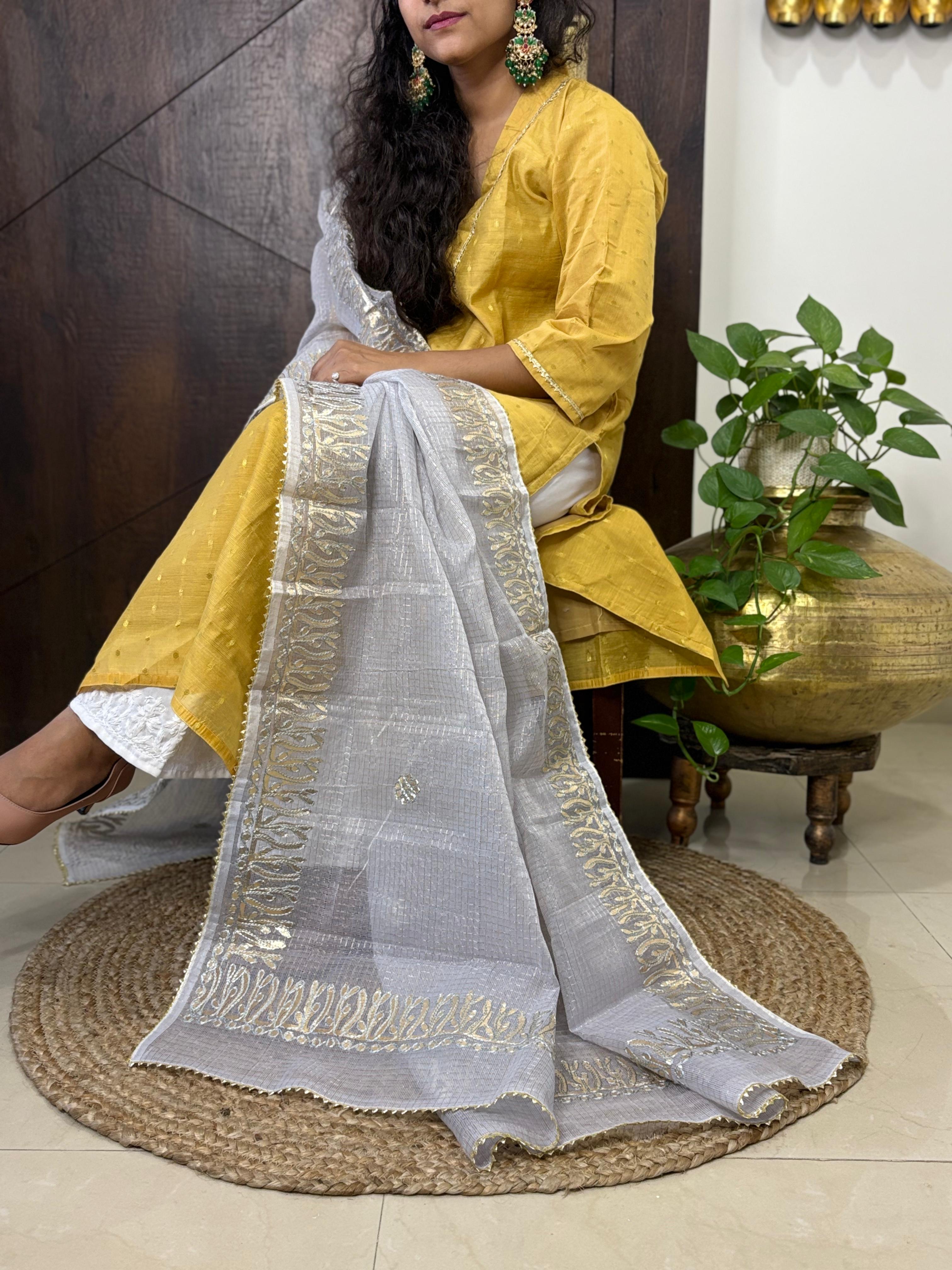 Grey Kota Doria Heavy Gota Patti Work Dupatta