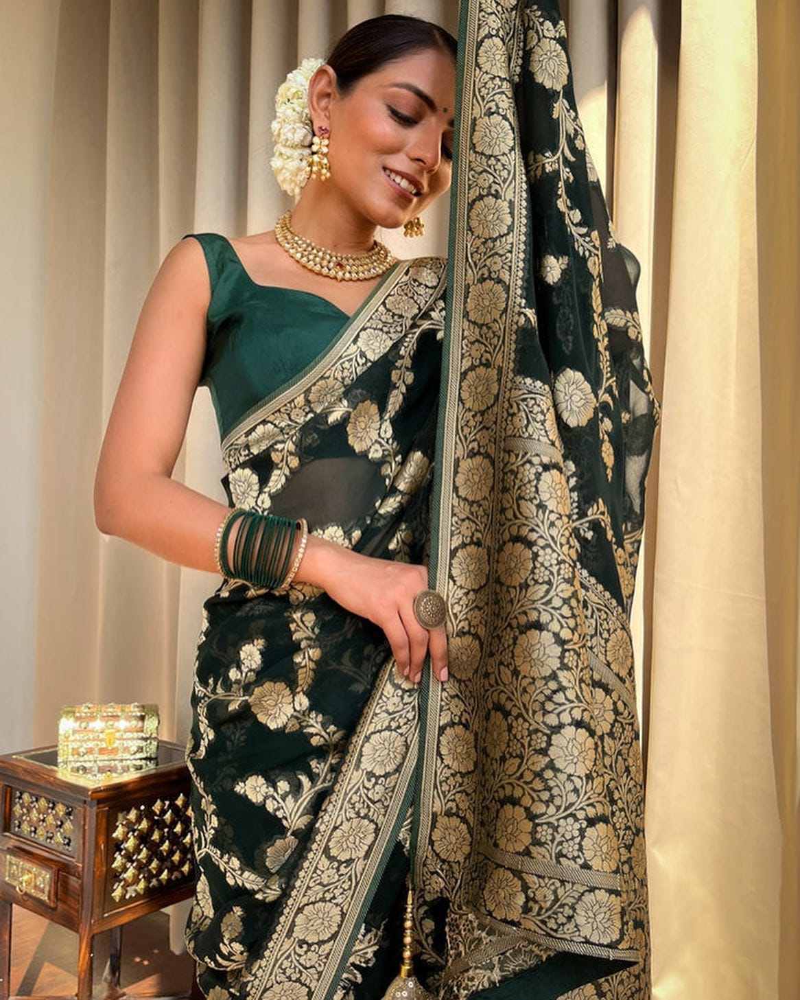 Dark Green Banarasee Semi Georgette Zari Work Saree