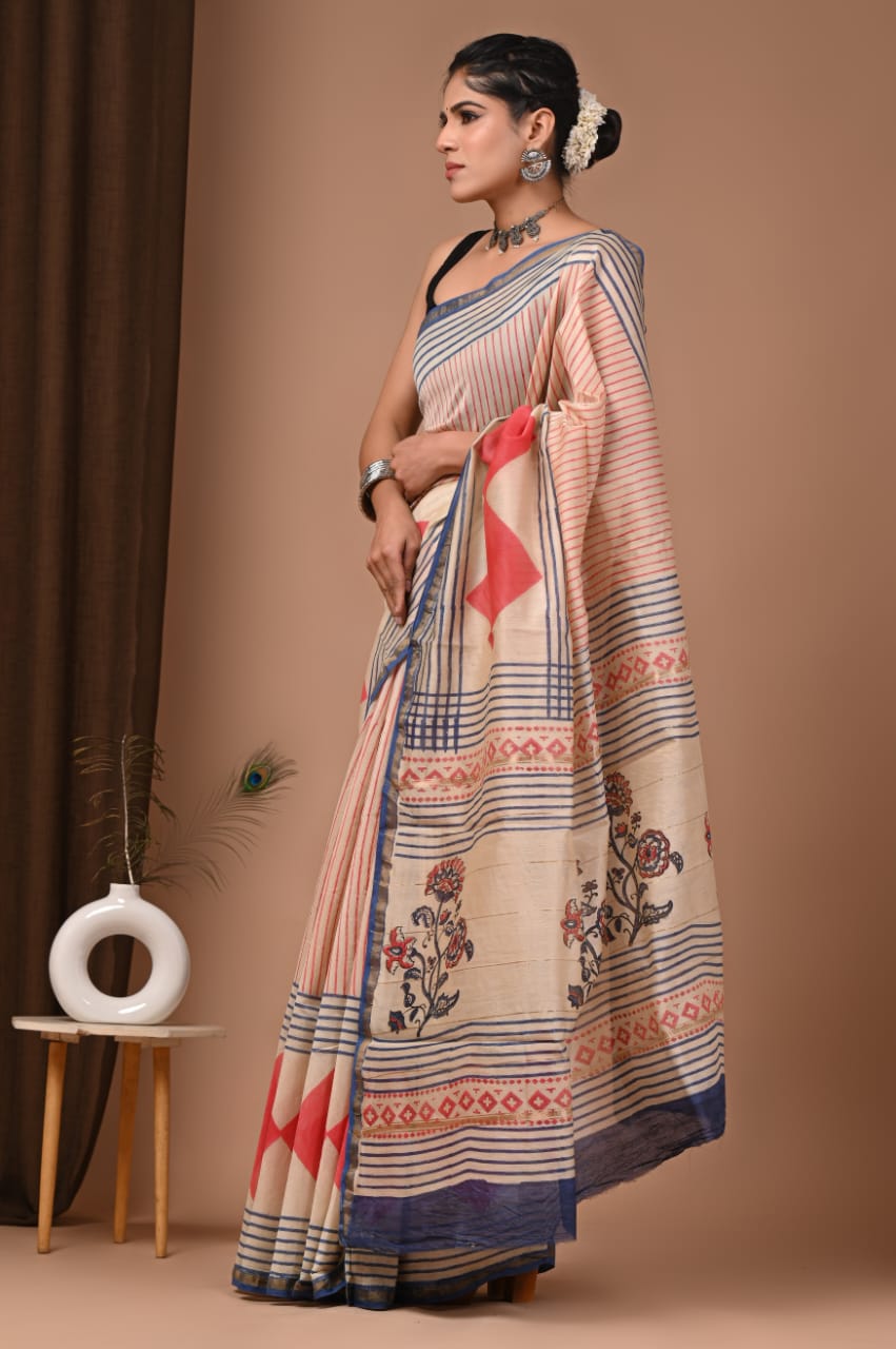 Cream Chanderi Hand Block Printed  Saree