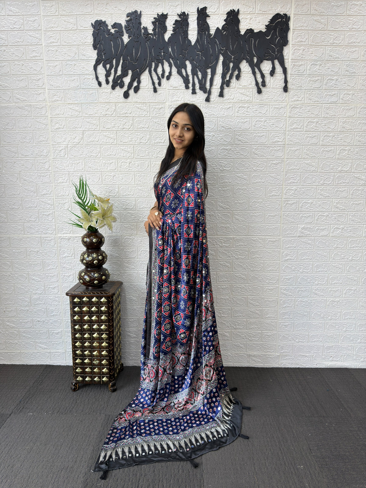 Blue Ajrakh Print Mirror Work Satin Silk Saree