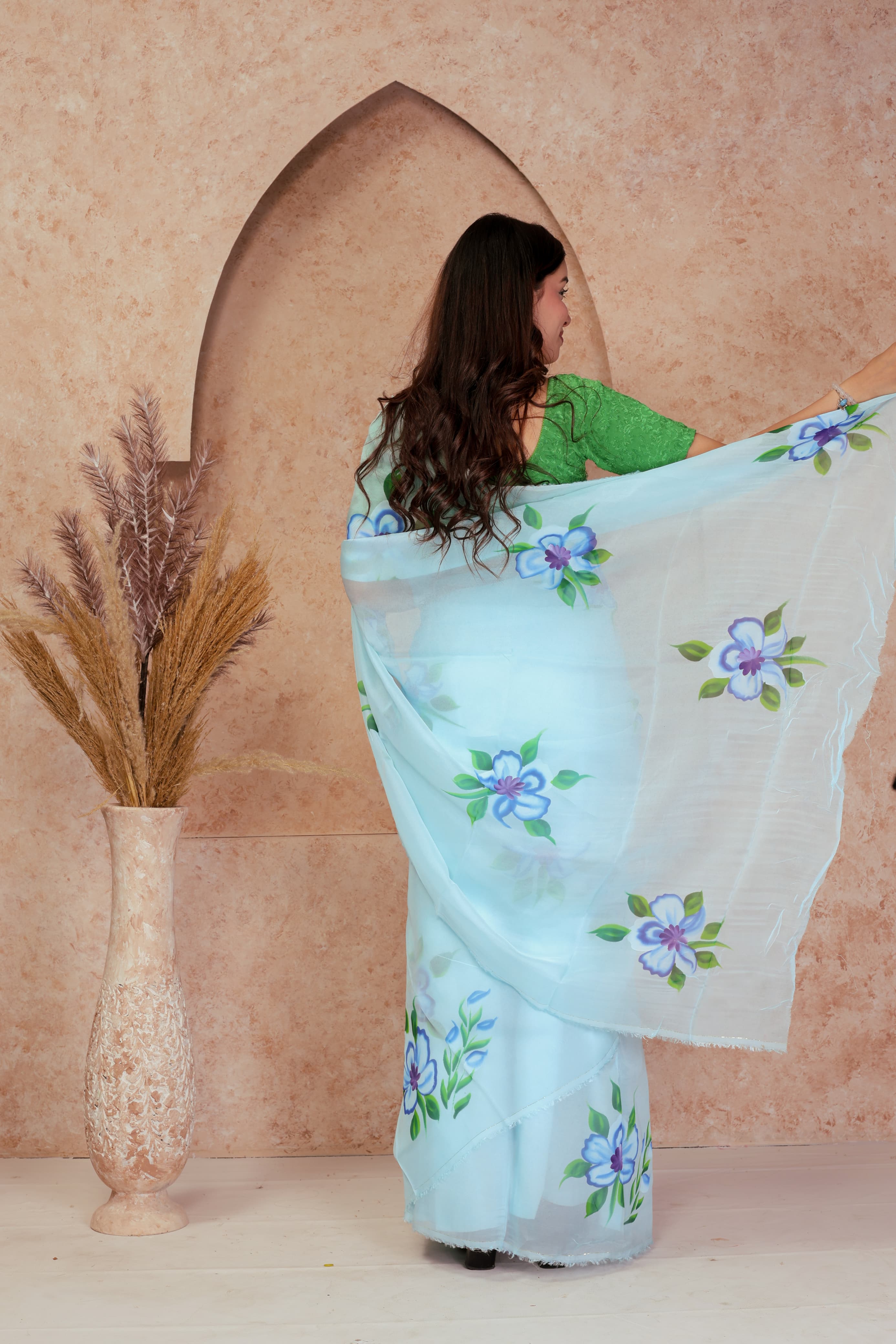 Organza Hand Painted Saree In Light Green