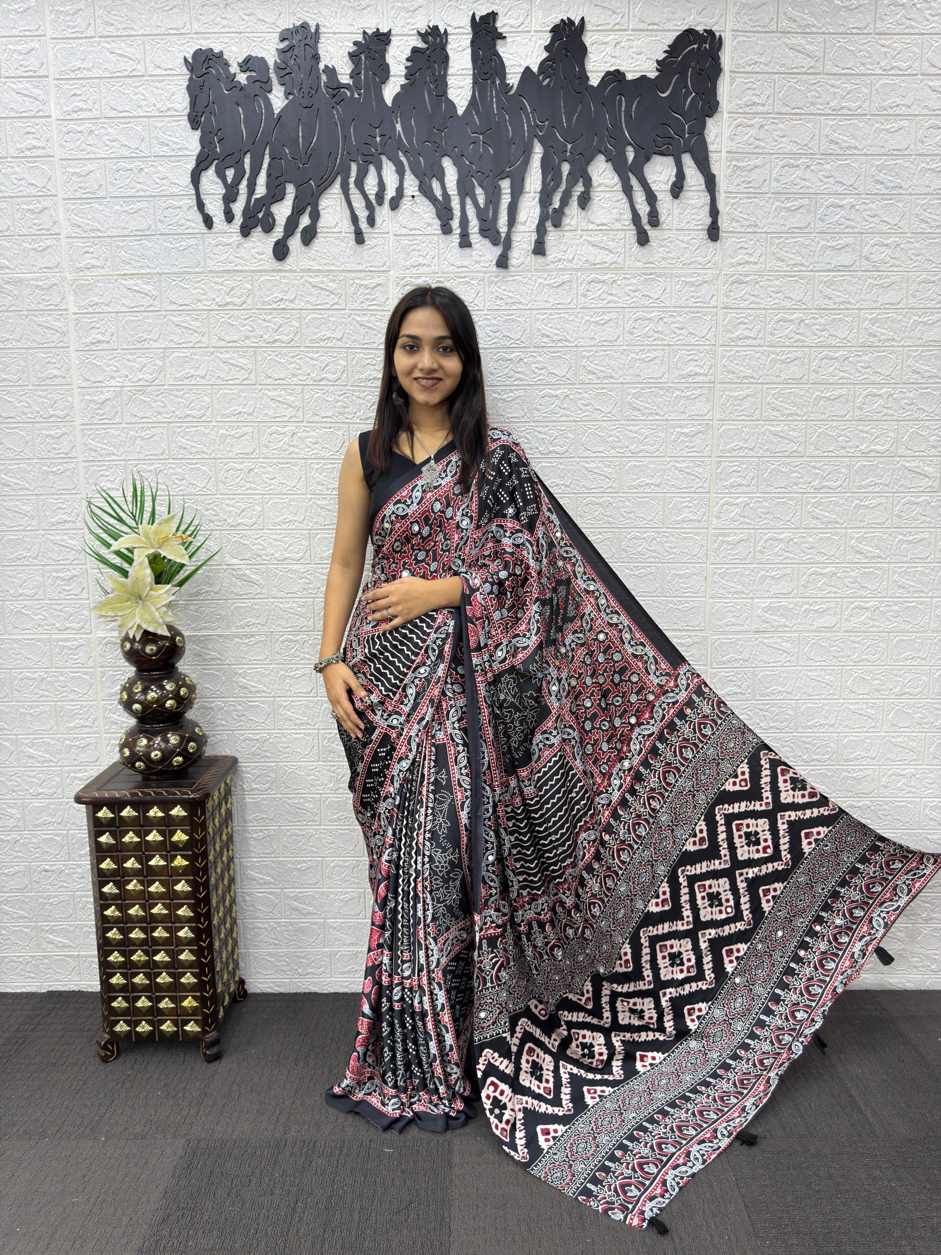 Black Ajrakh Print Mirror Work Satin Silk Saree