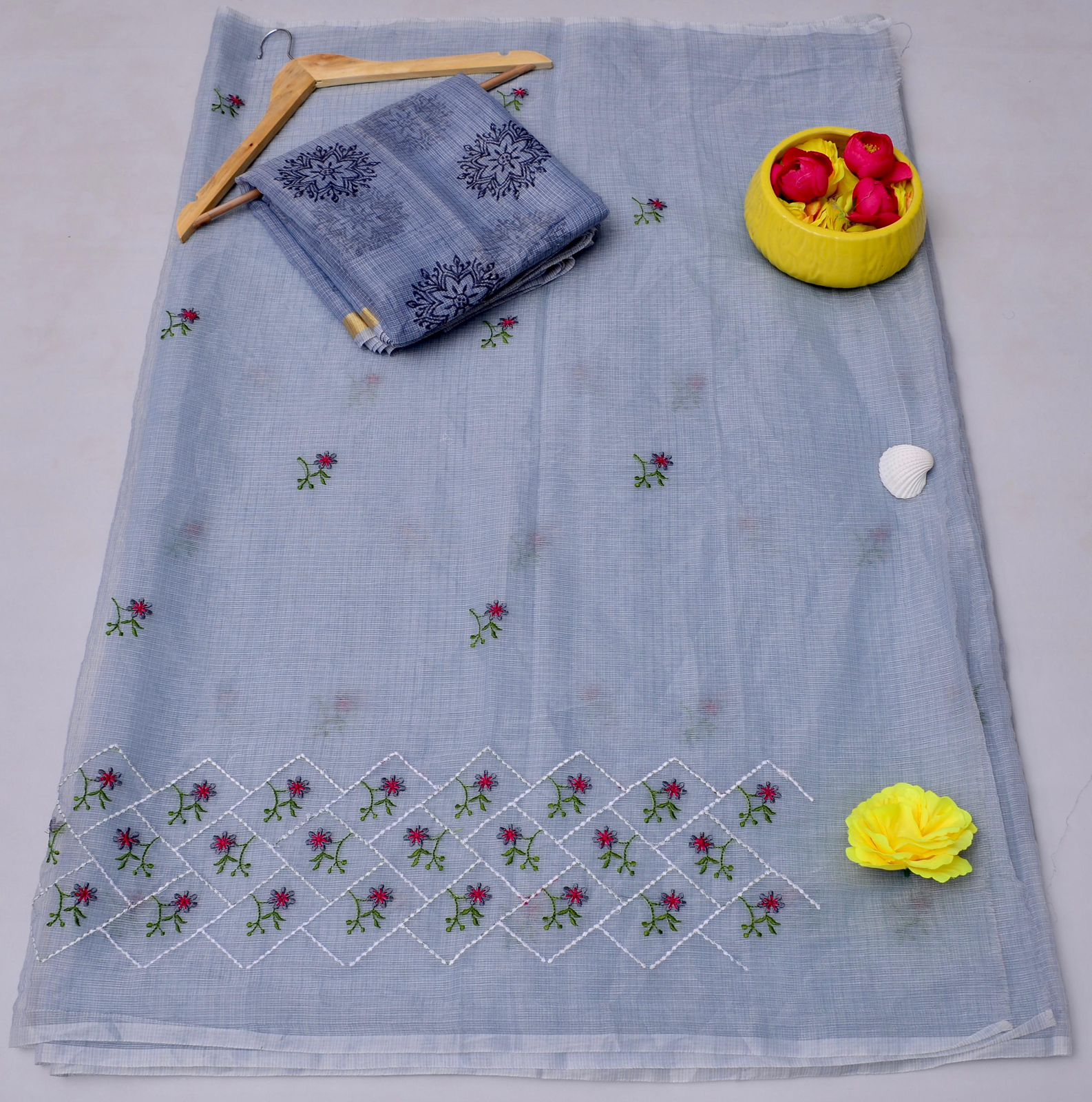 Grey Kota Doria Embroidery Work Sari