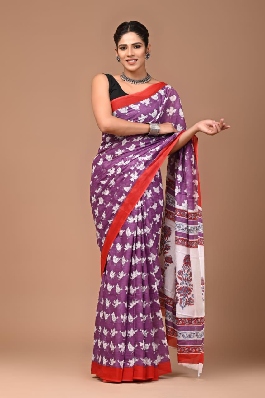 Purple Red Fun Hand Block Print MulMul Cotton Saree