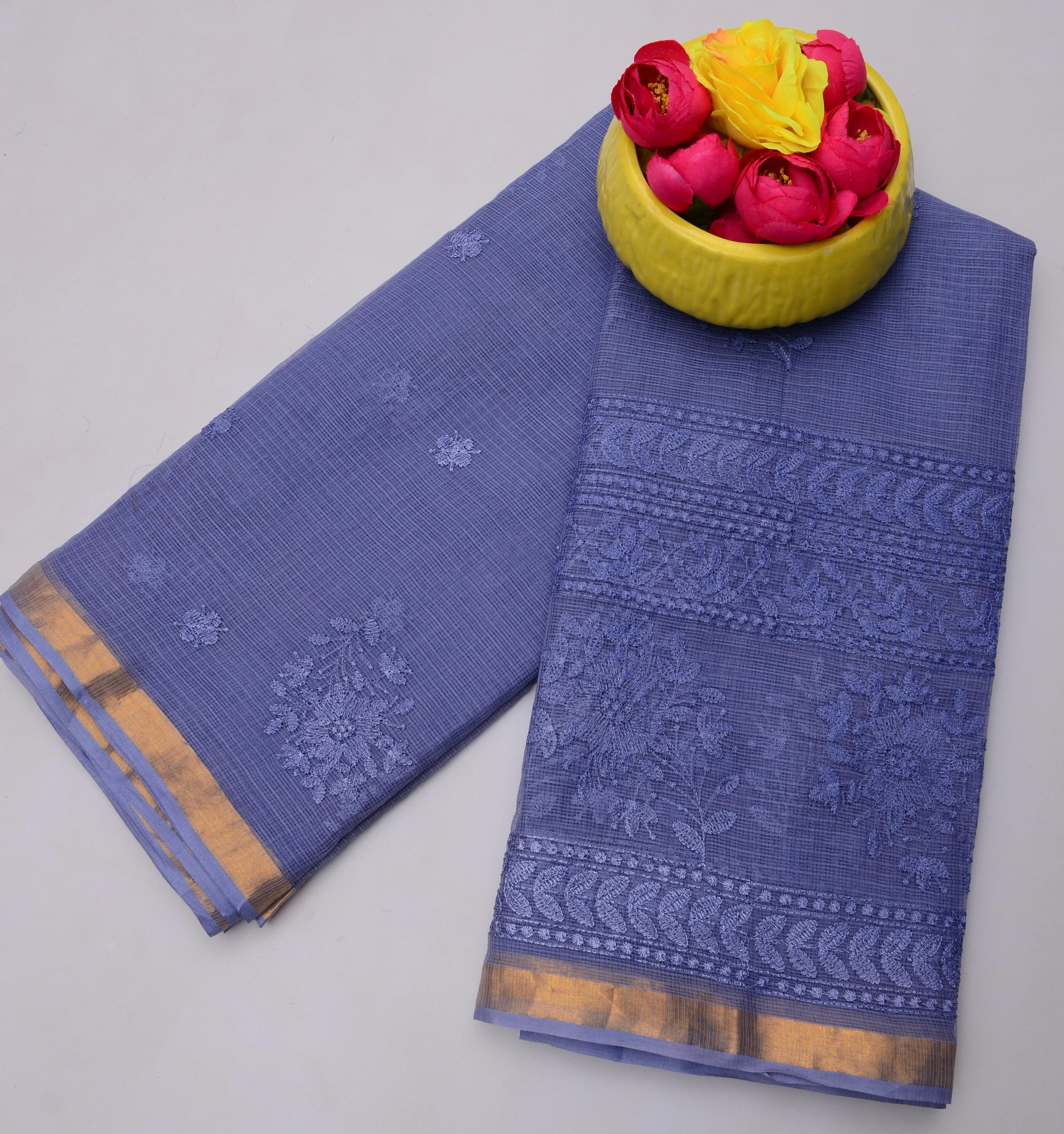 Blue Kota Doria All Over Embroidery Work Saree