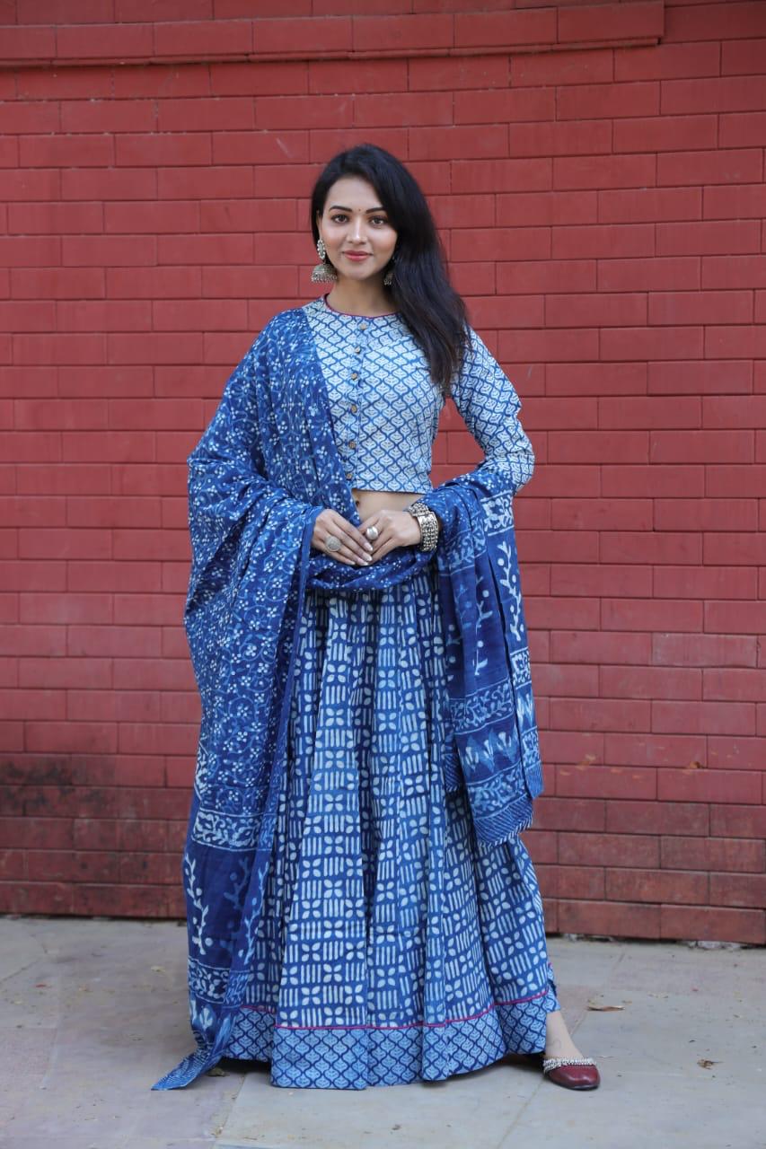 Blue Colour Bagru Print Flora lehenga choli Set