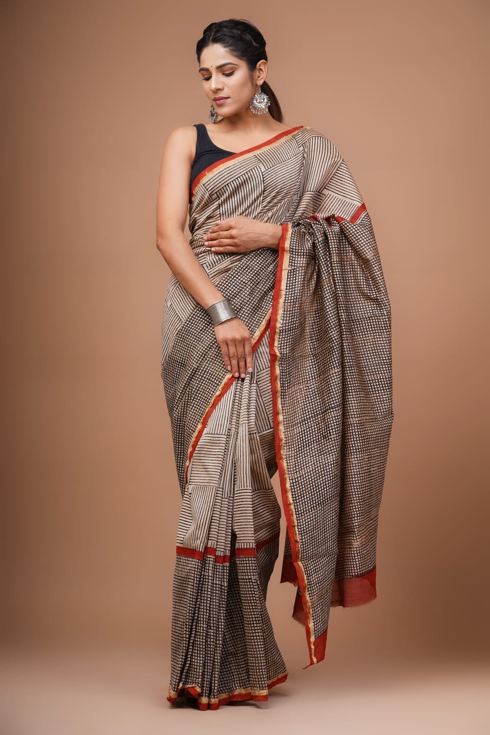 Brown Chanderi Printed Saree