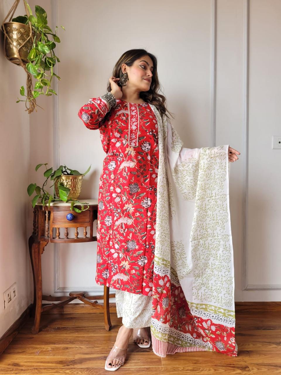 Red Stitched Cotton Suit Set