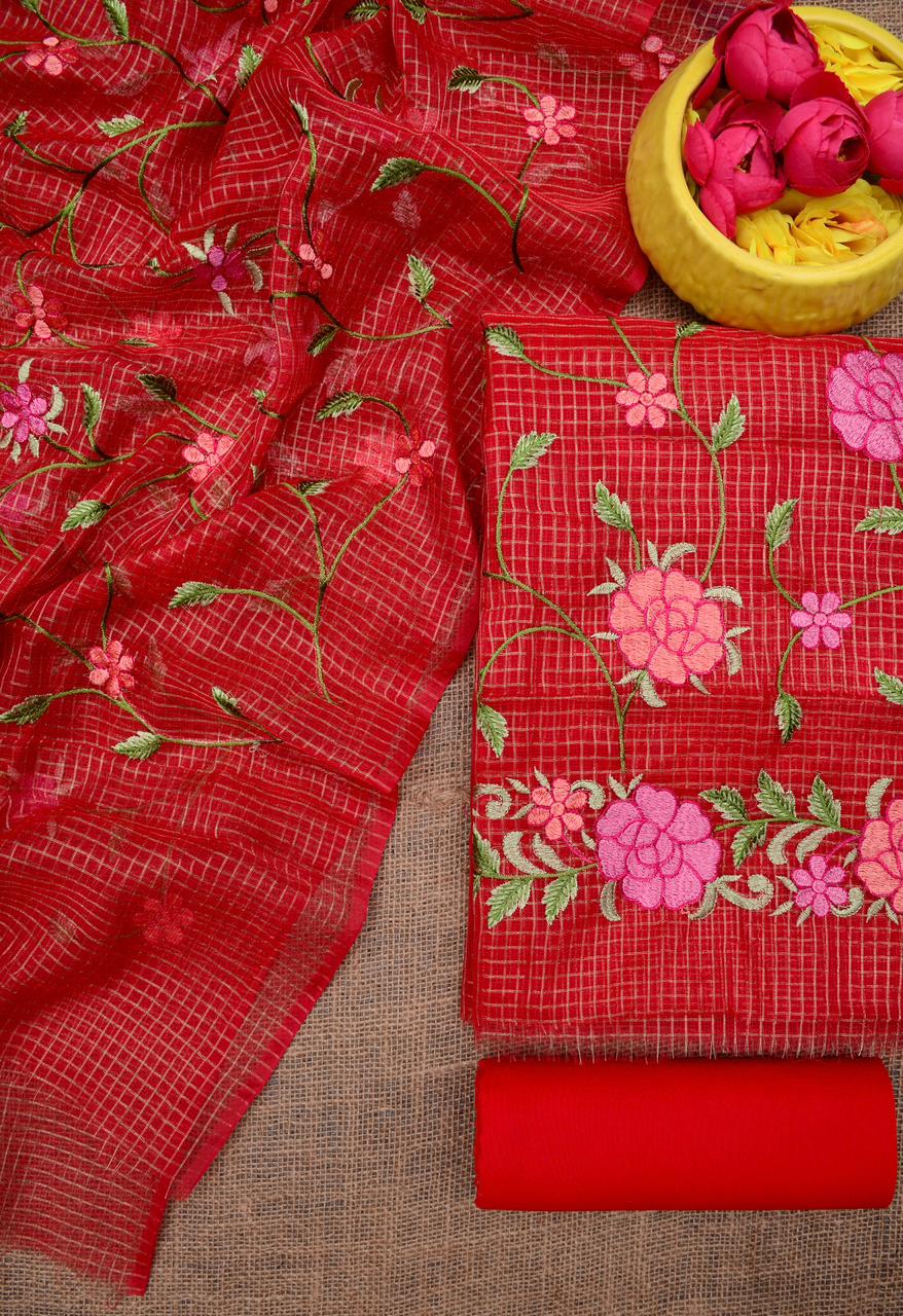 Kota Doria Embroidered Suit Set In Red (unstitched)