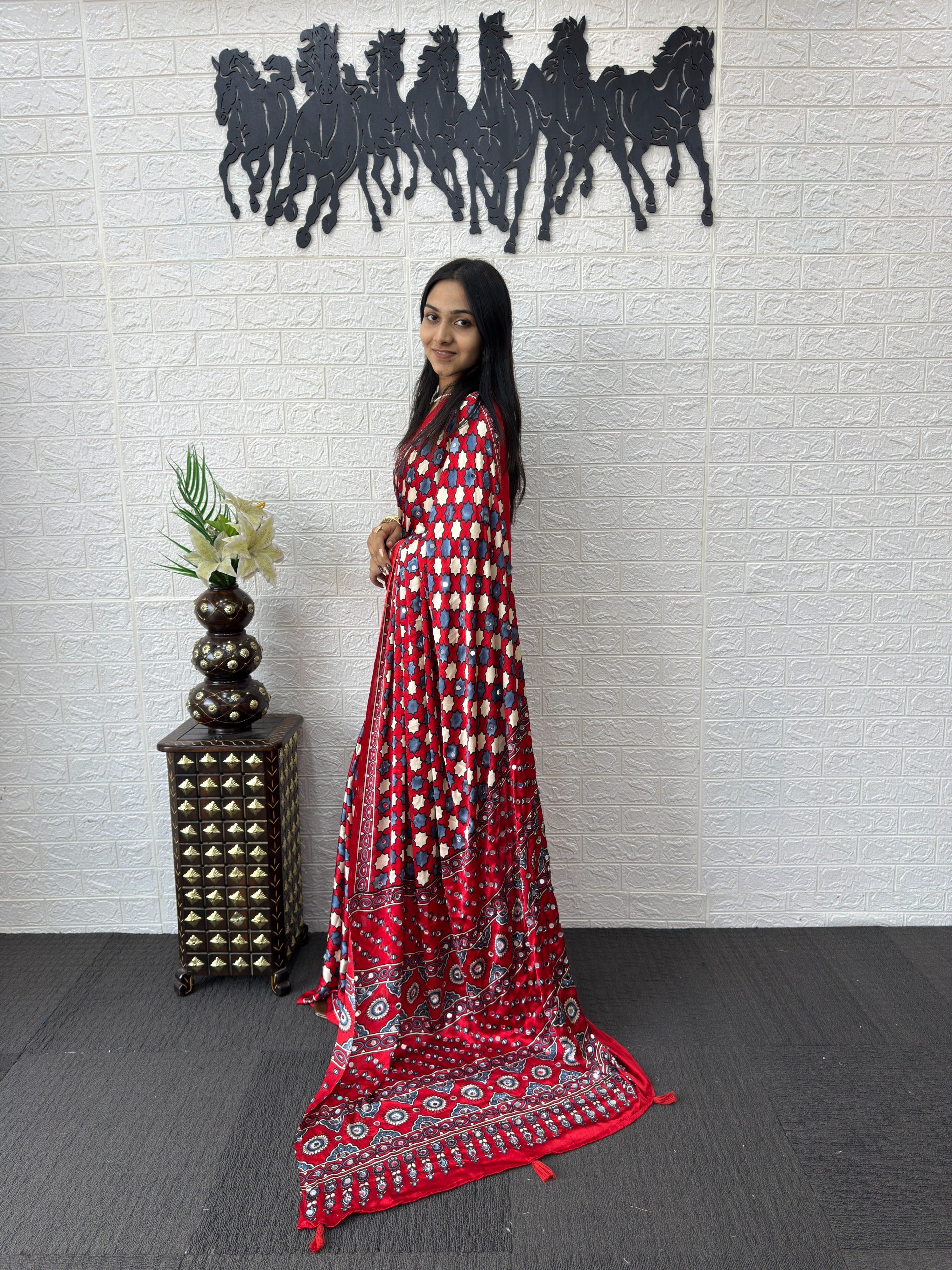 Red Ajrakh Print Mirror Work Satin Silk Saree