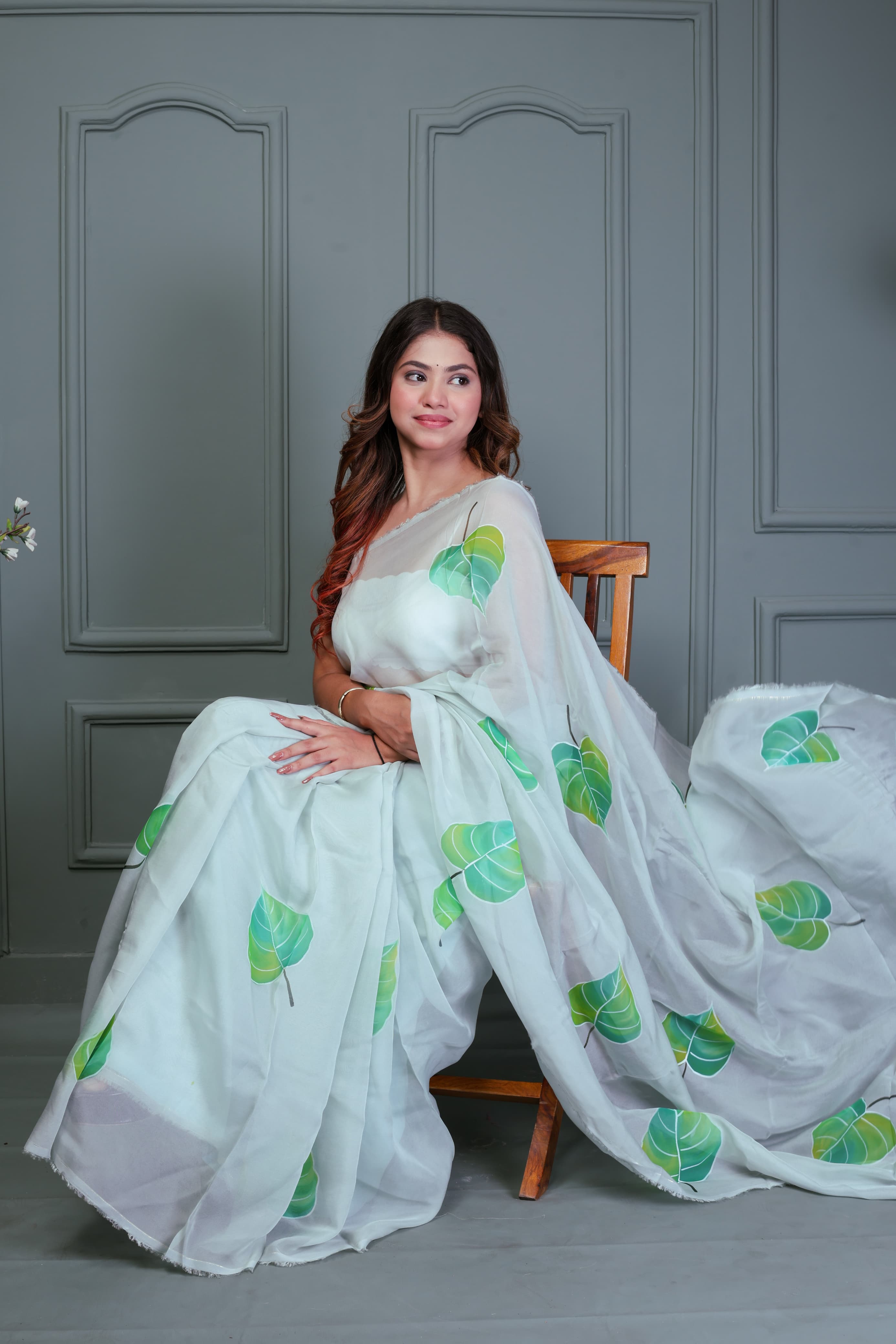 Green Organza Hand Painted Saree