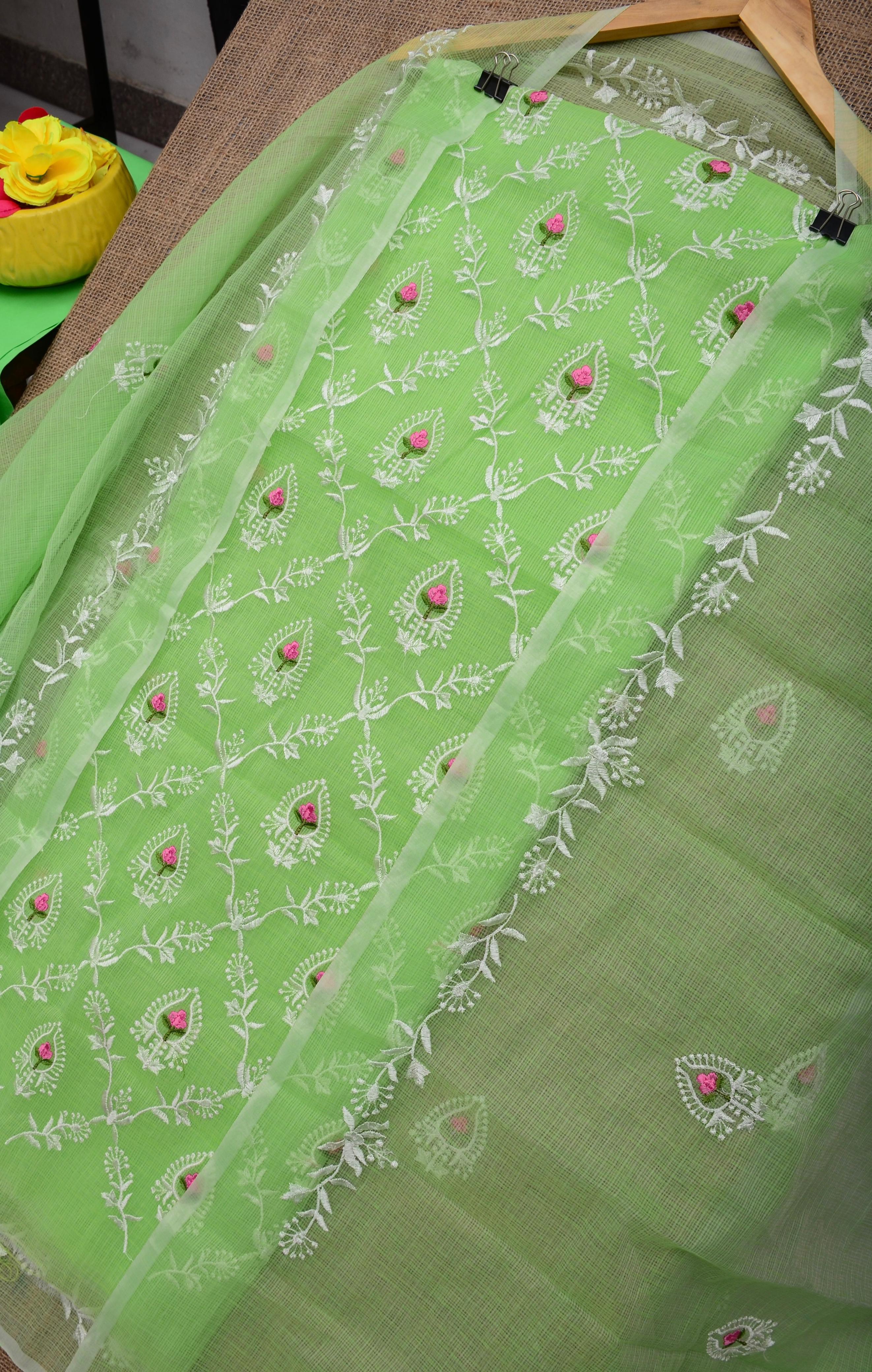 Light Green  Embroided Kota Doria Suit Fabric With Dupatta