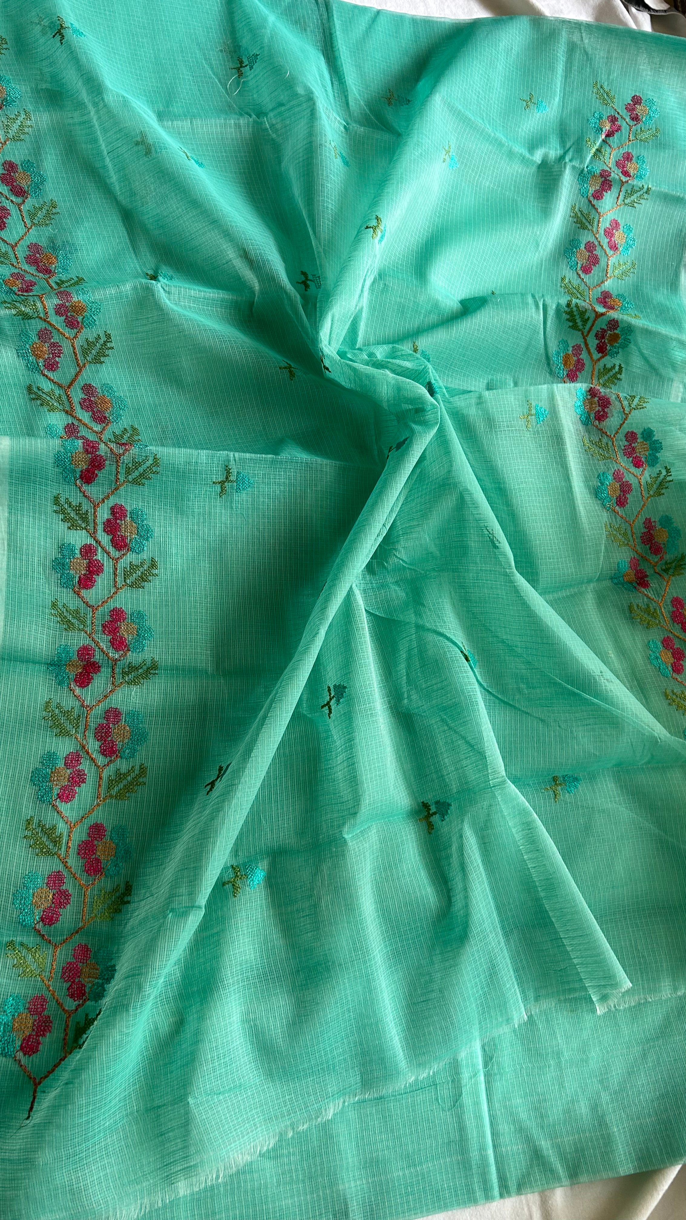Cross Stitch Kota Doria Embroidery Work Saree In Sea Green