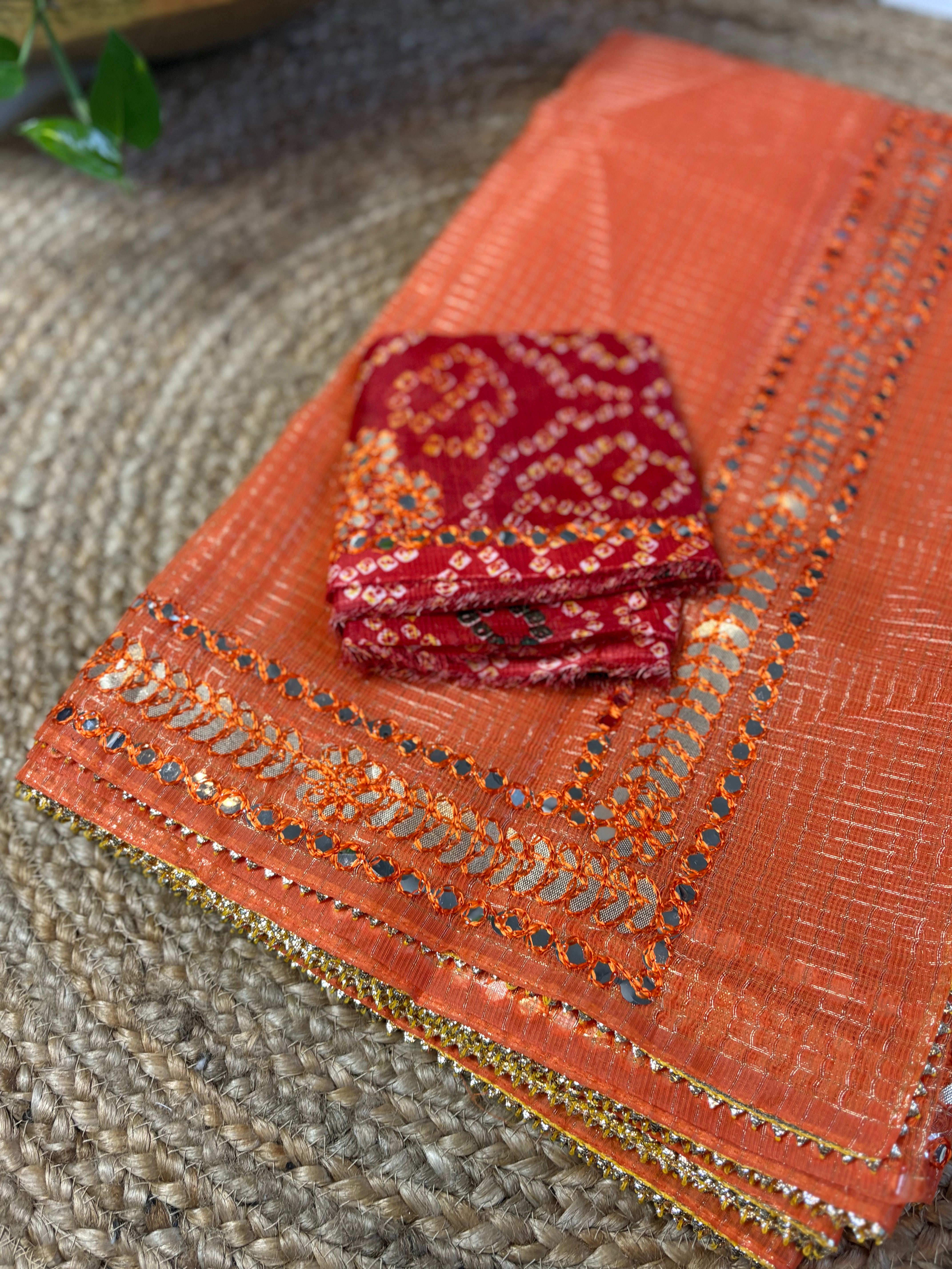 Bandhuri Orange Kota Doria Gota Patti Saree