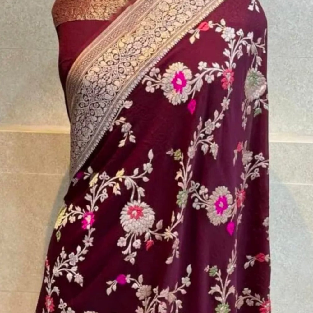 Wine Floral Jaal Reception and Occasion Banarasi Saree