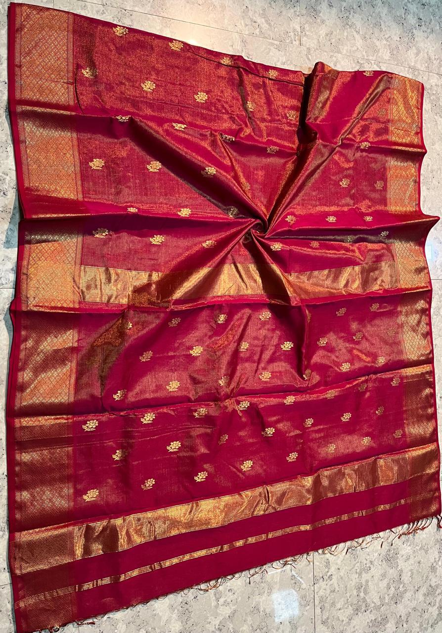 Maheshwari Heavy Tissue Zari Buti Saree In Maroon