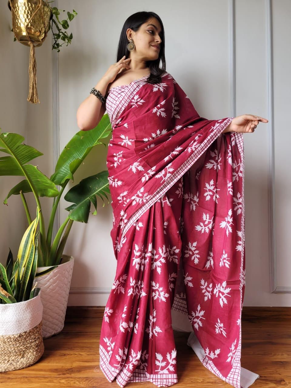 Maroon Trending Hand Block Print MulMul Cotton Saree