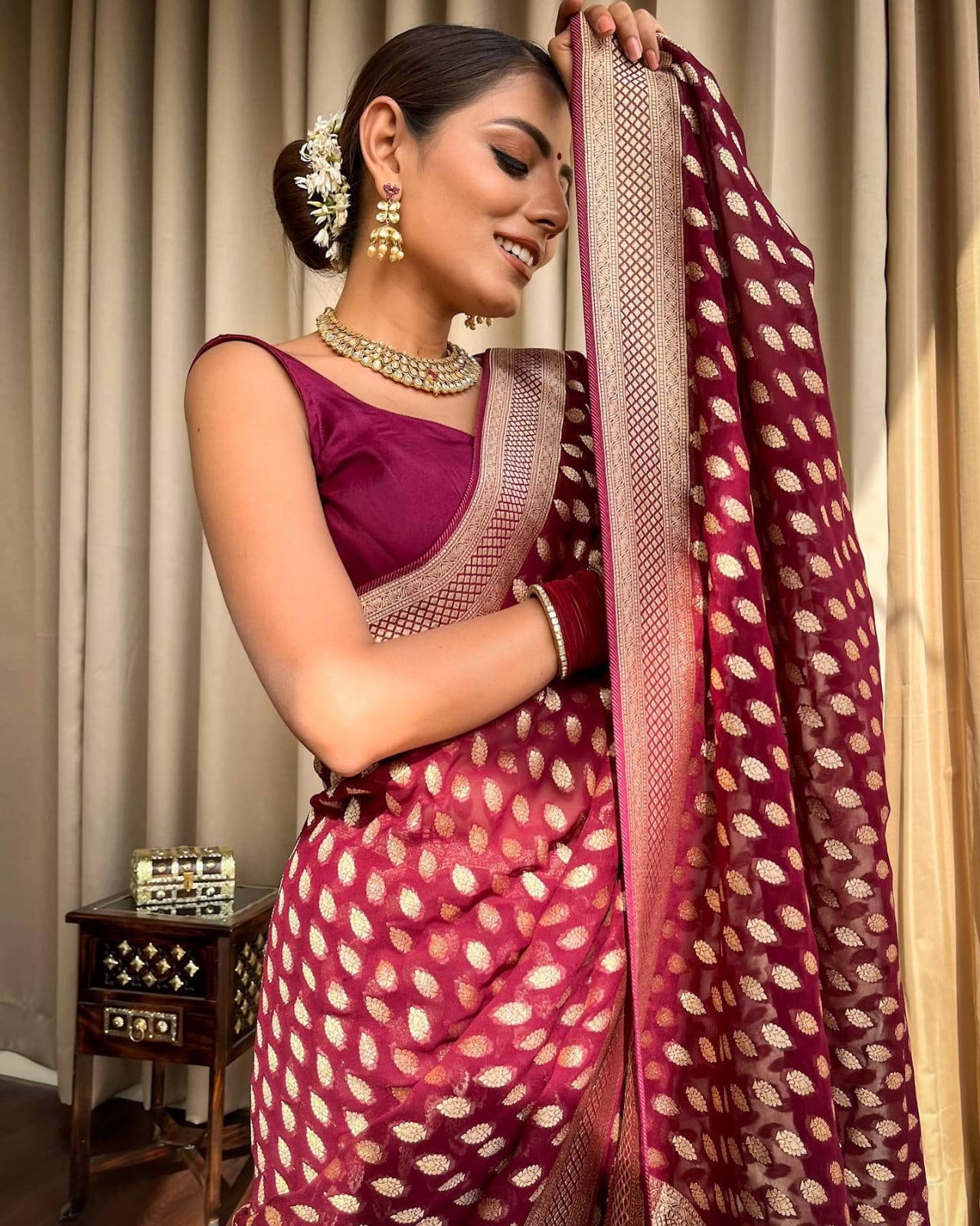 Maroon Banarasee Semi Georgette Booti Work Saree