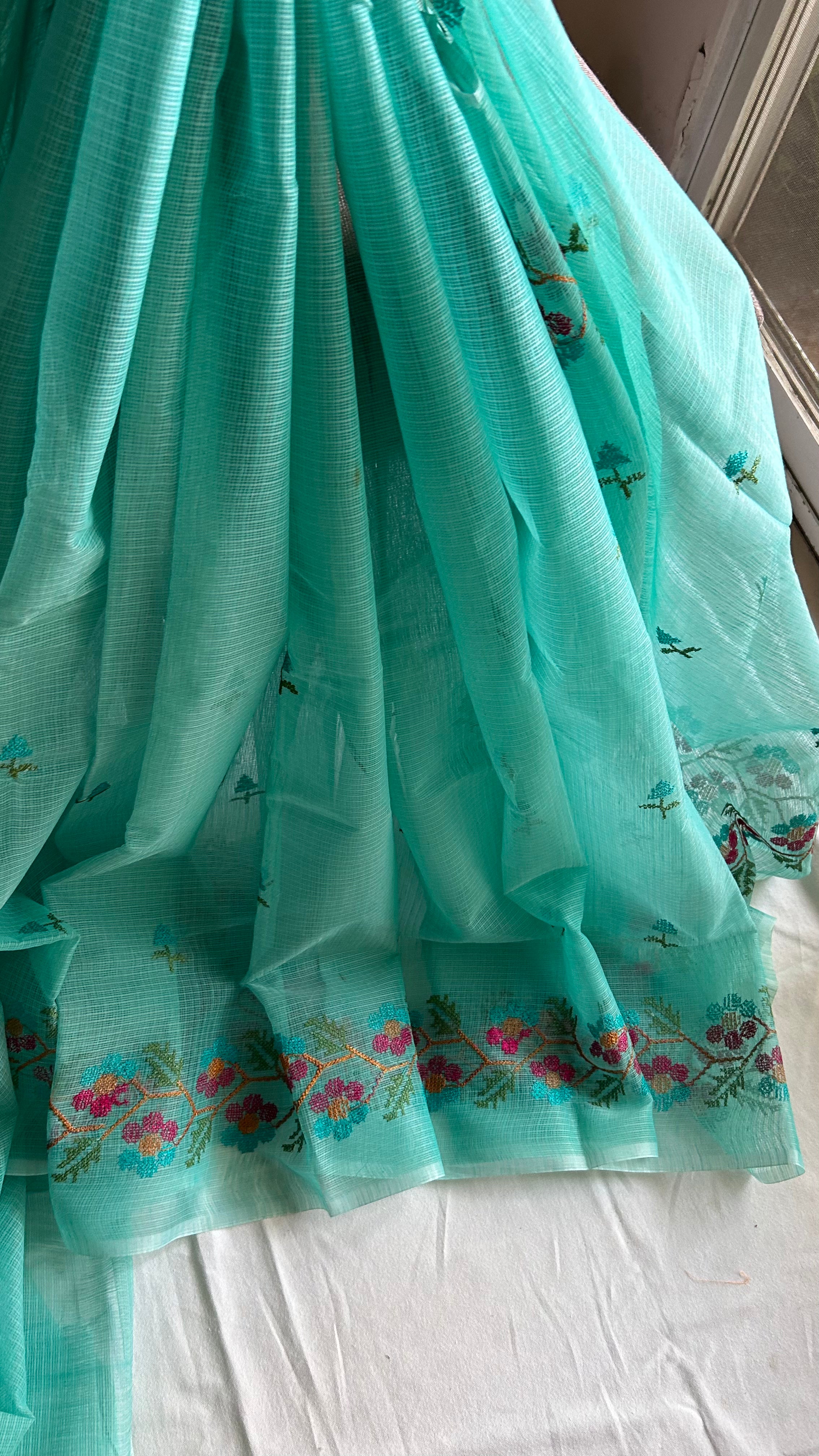 Cross Stitch Kota Doria Embroidery Work Saree In Sea Green