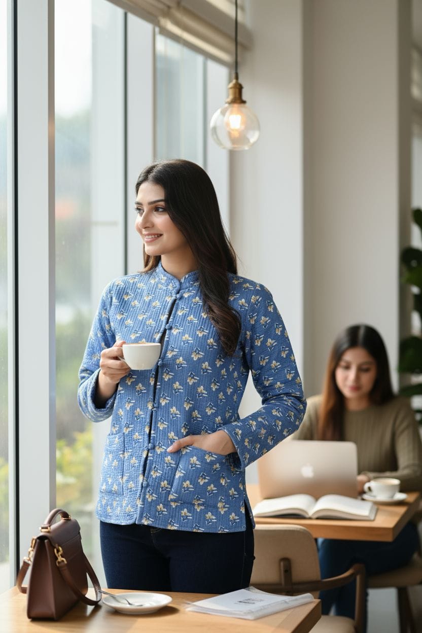 Beautiful Blue Pure Cotton Quilted Reversible Print Jackets