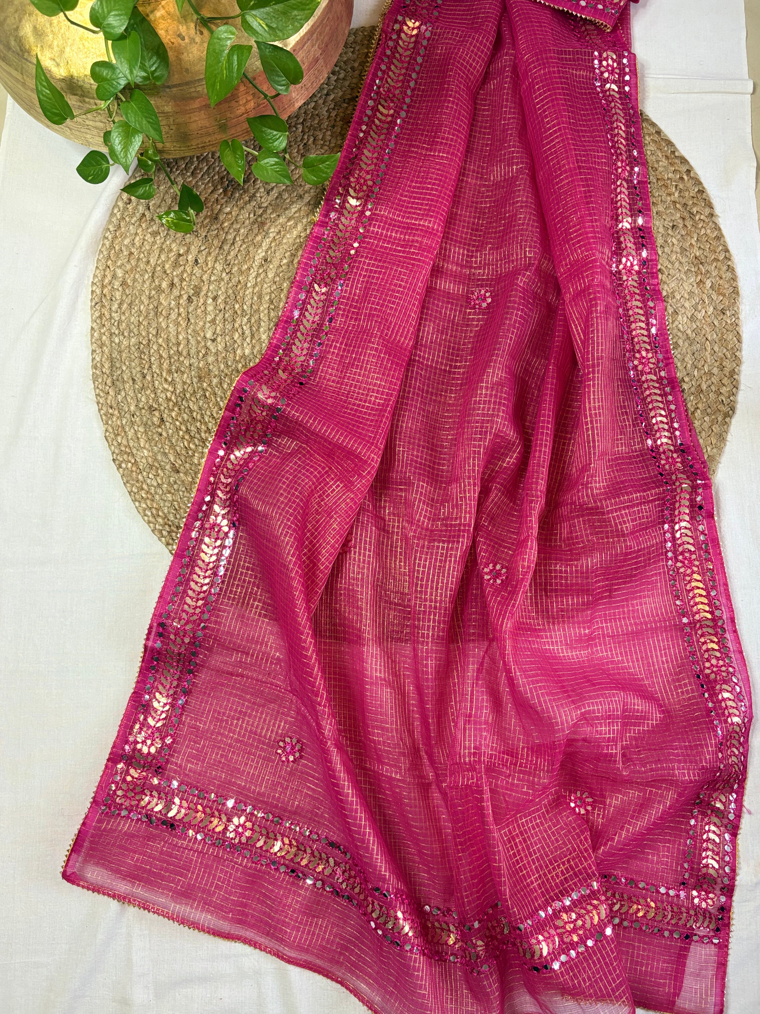 Hot Pink Kota Doria Gota Patti Saree