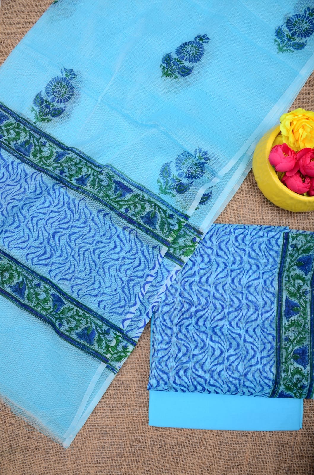 Summer Look Kota Doria Hand Block Print Suit In Blue (unstitched)