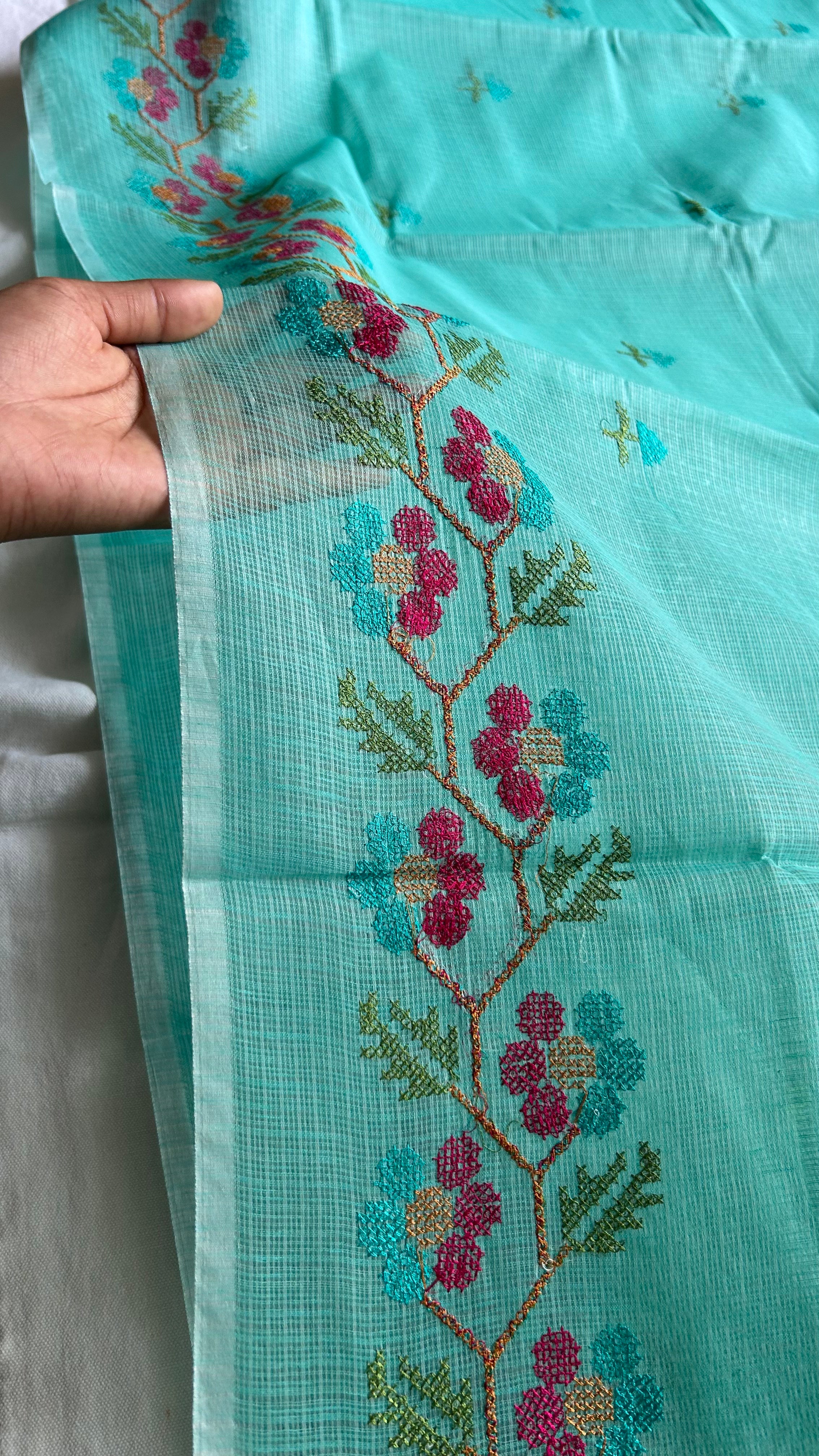 Cross Stitch Kota Doria Embroidery Work Saree In Sea Green